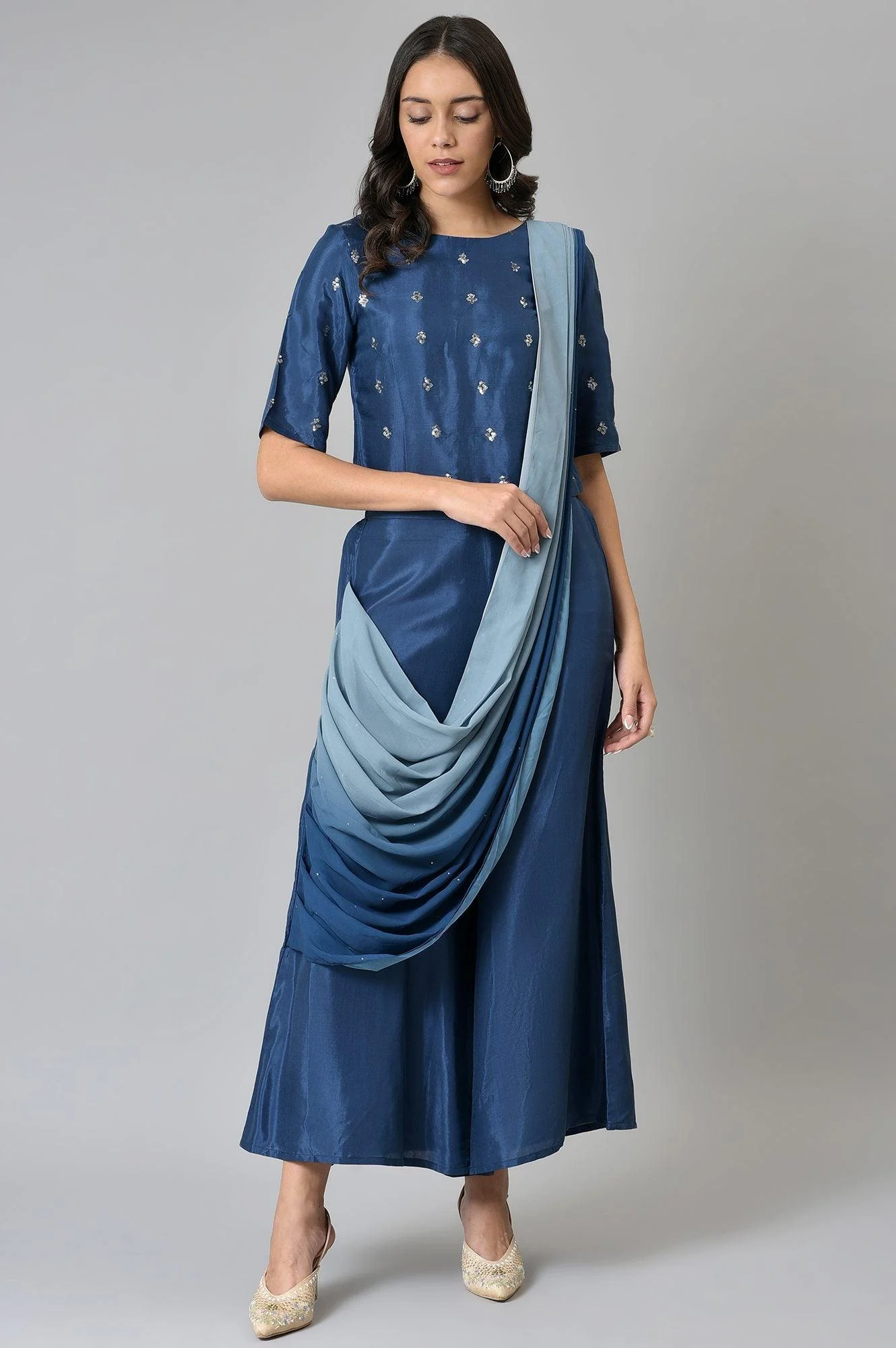 Navy Blue Crop With Pants Having Attached Ombre Drape - Image 7