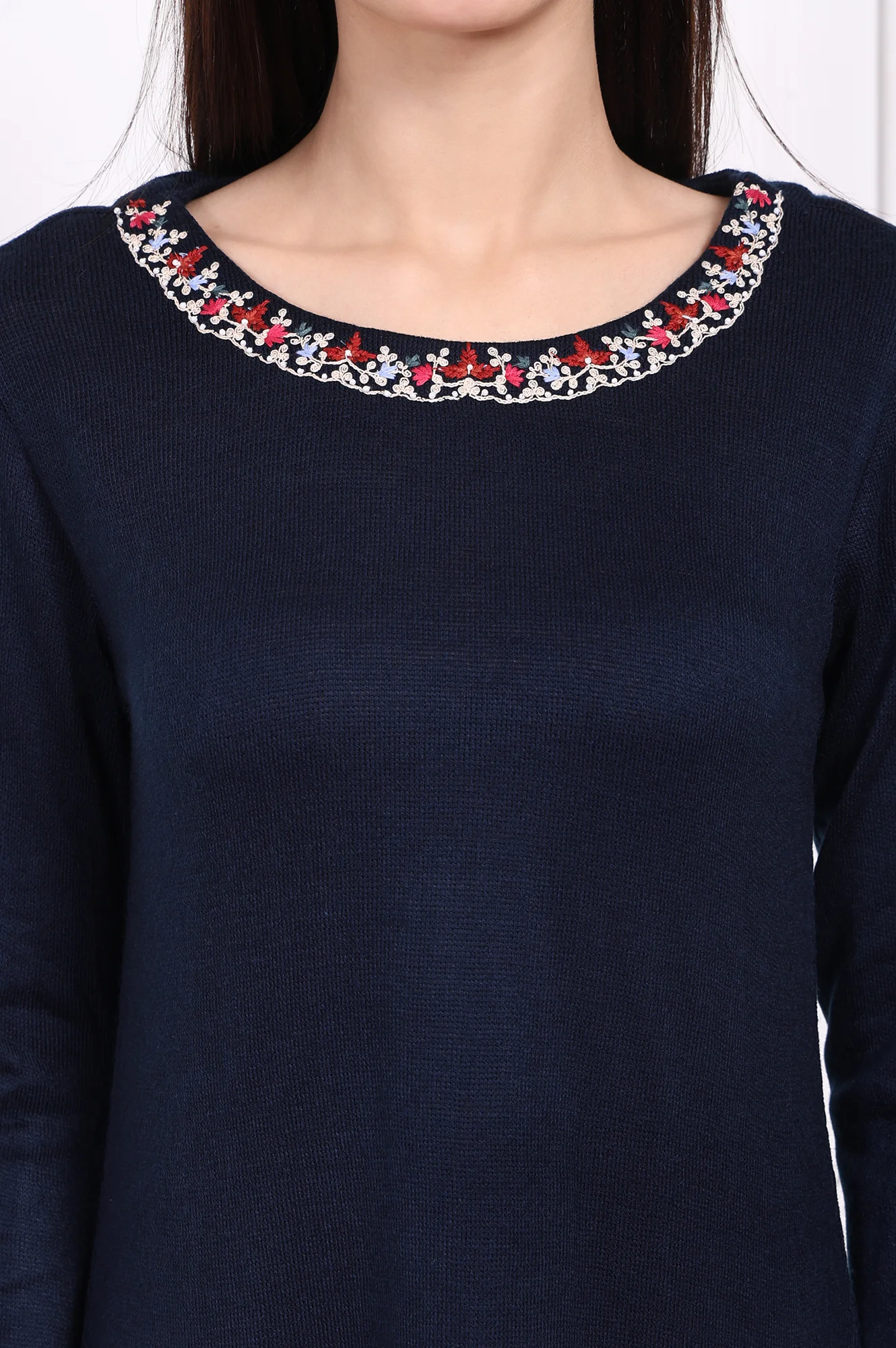 Navy Blue Embroidered A-Line Acrylic Winter Kurta - Image 3