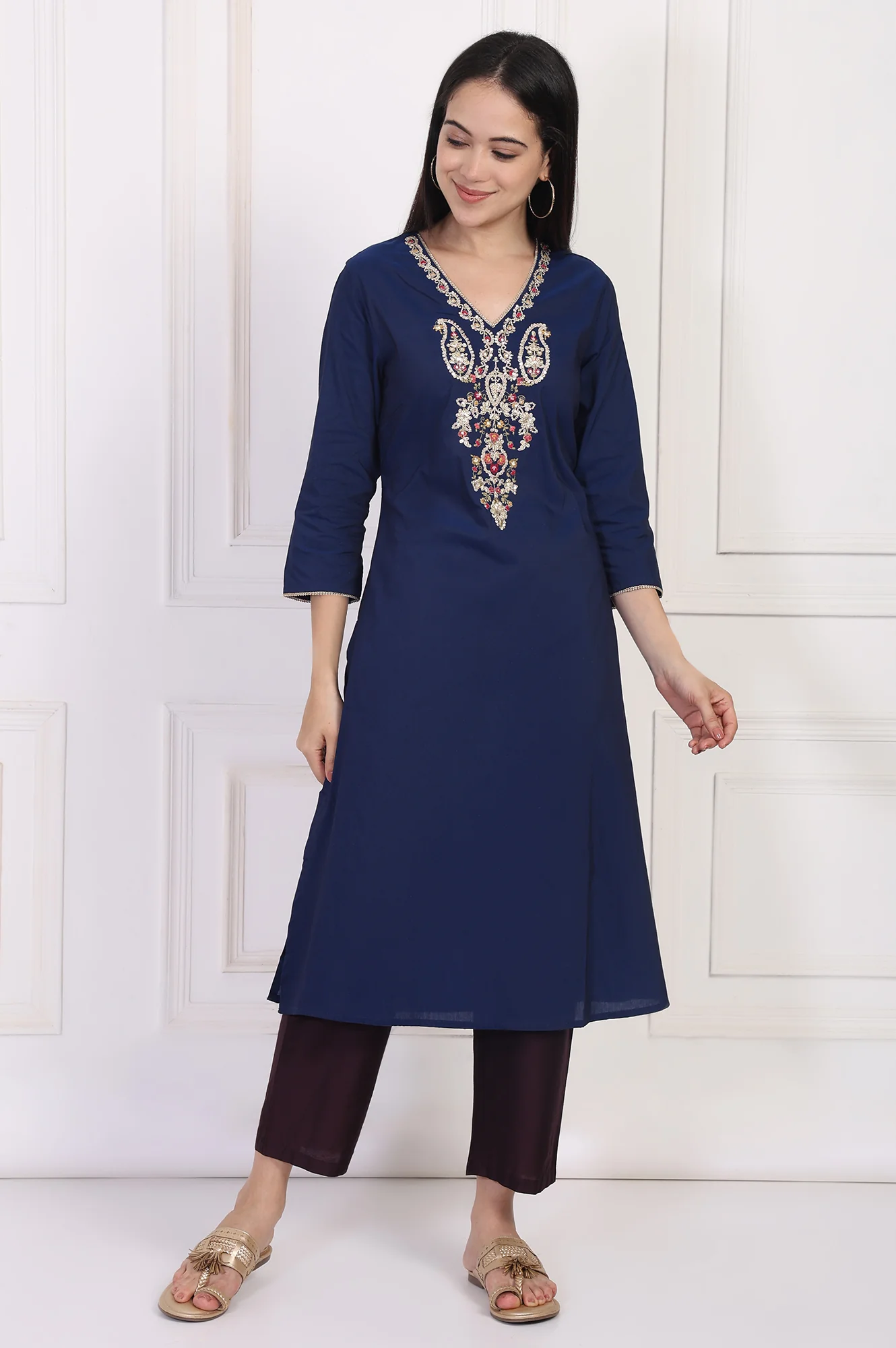 Navy Blue Embroidered A-Line Rayon Kurta