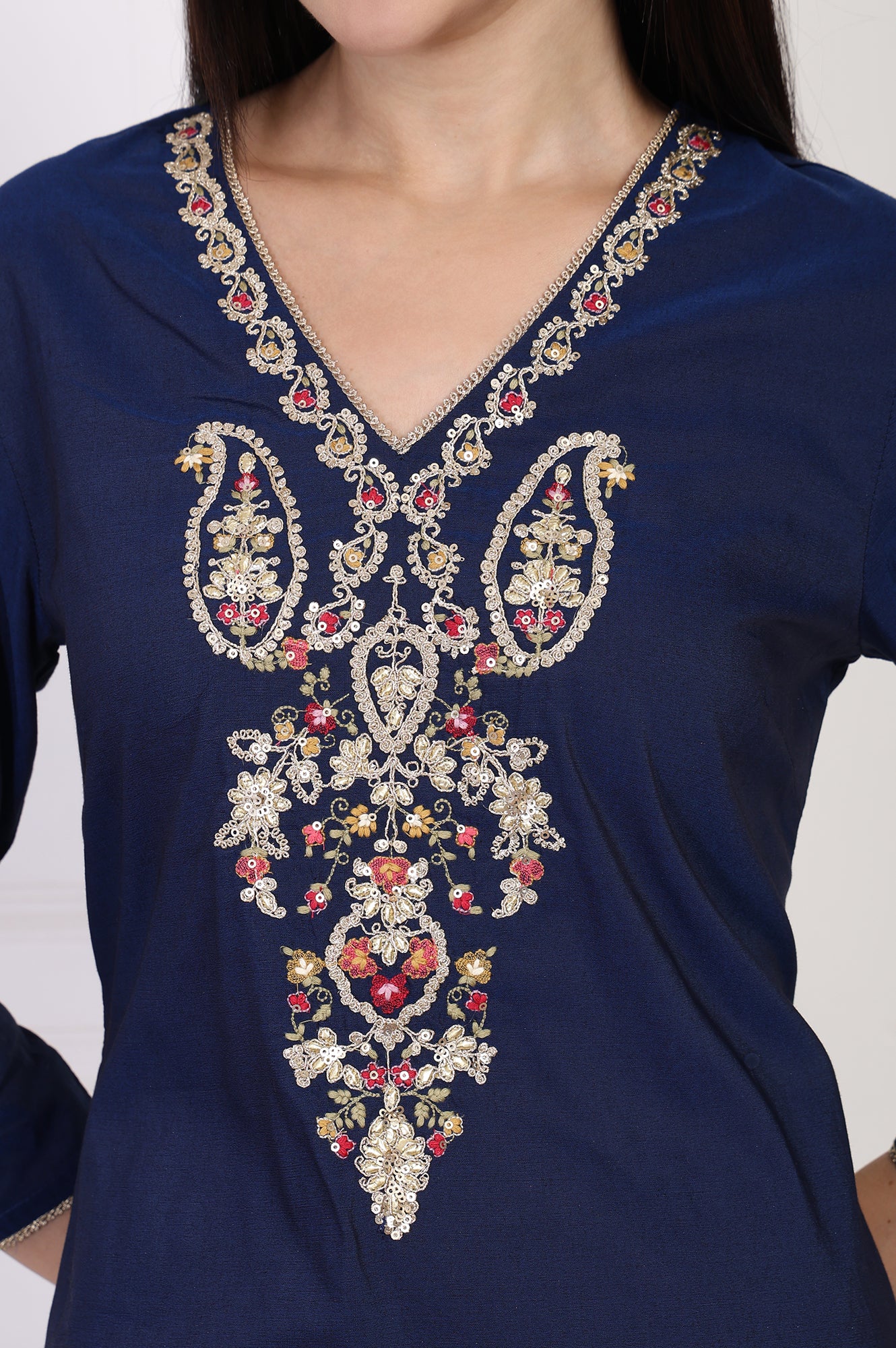 Navy Blue Embroidered A-Line Rayon Kurta - Image 3