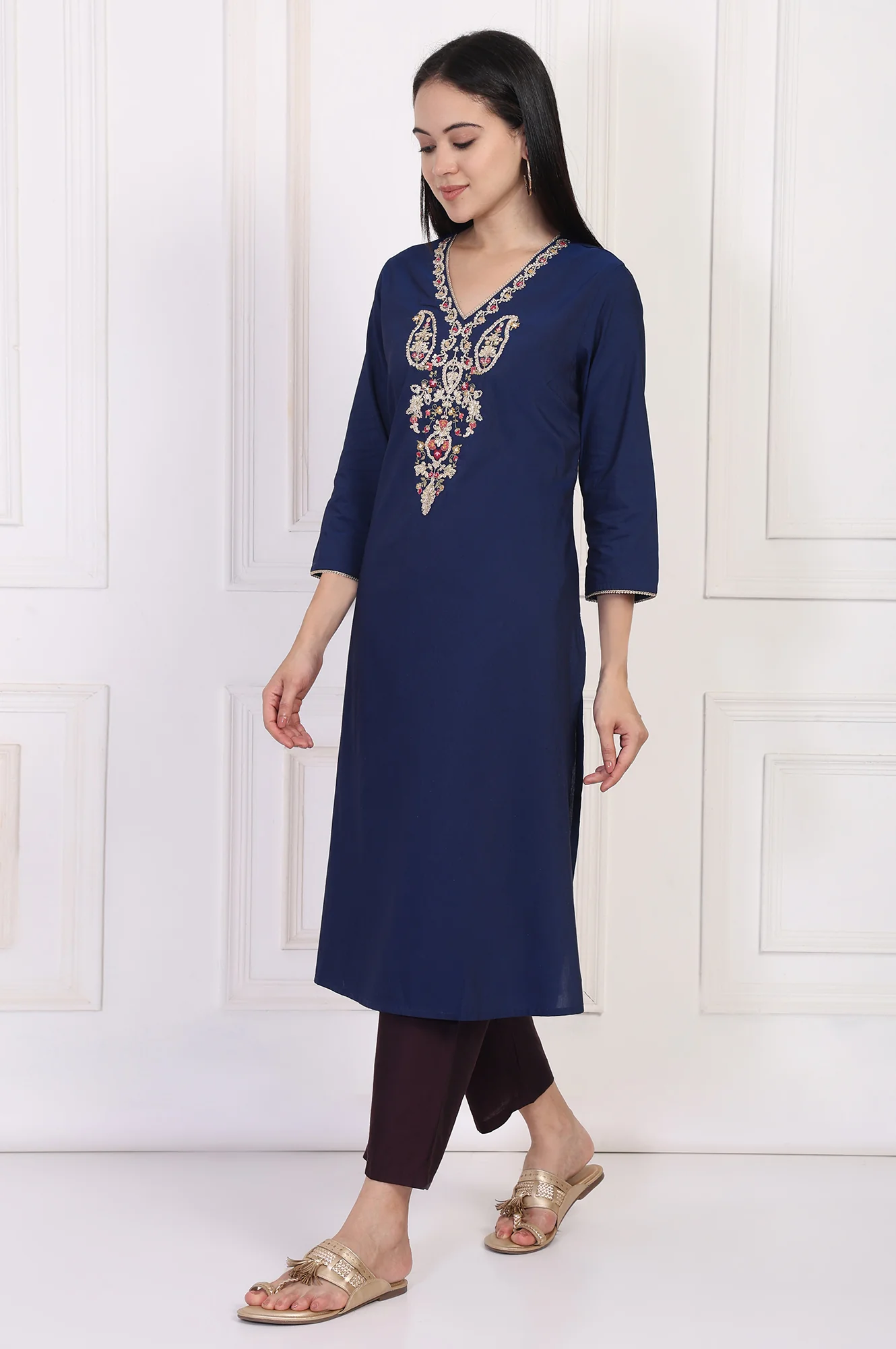 Navy Blue Embroidered A-Line Rayon Kurta - Image 4