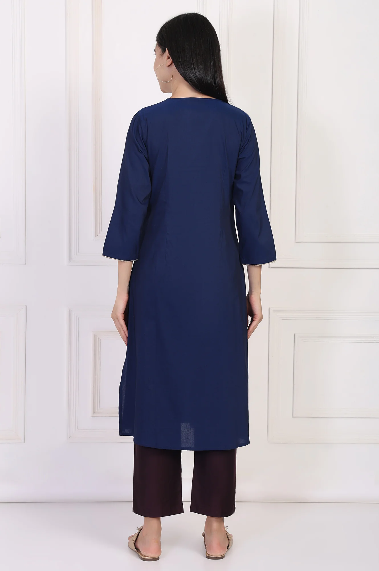 Navy Blue Embroidered A-Line Rayon Kurta - Image 5