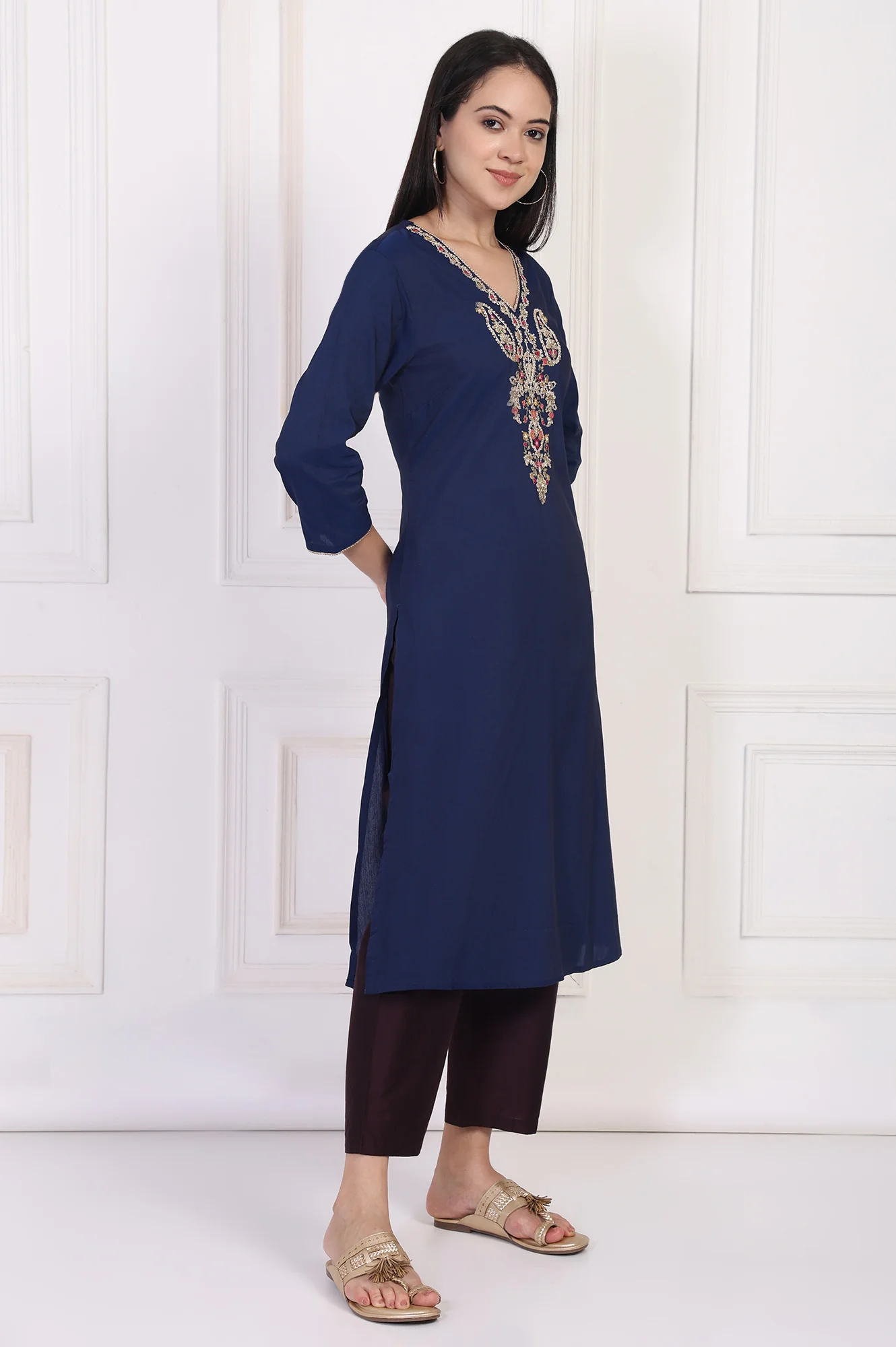 Navy Blue Embroidered A-Line Rayon Kurta - Image 6