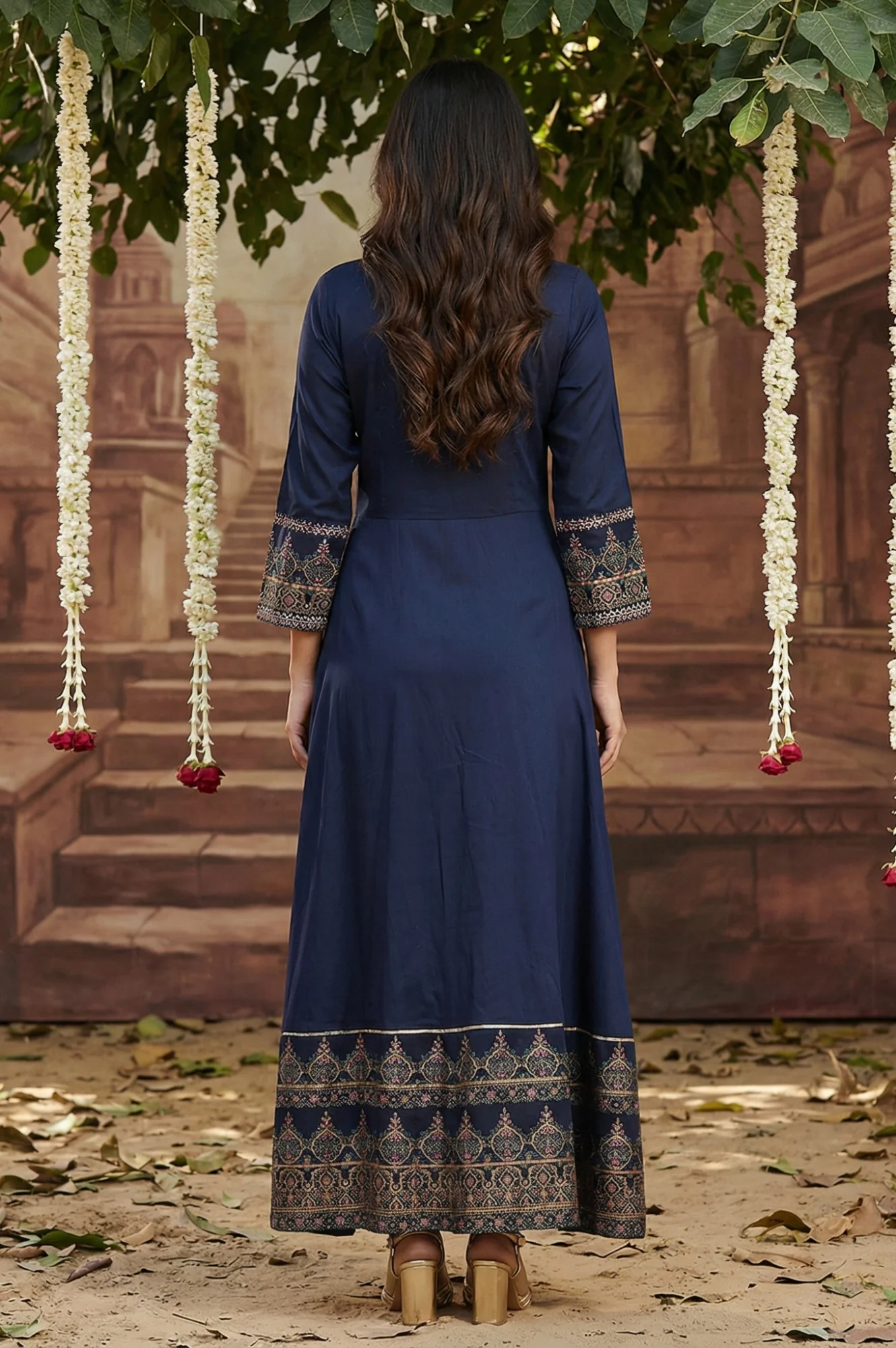 Navy Blue Embroidered Anarkali Dress - Image 4