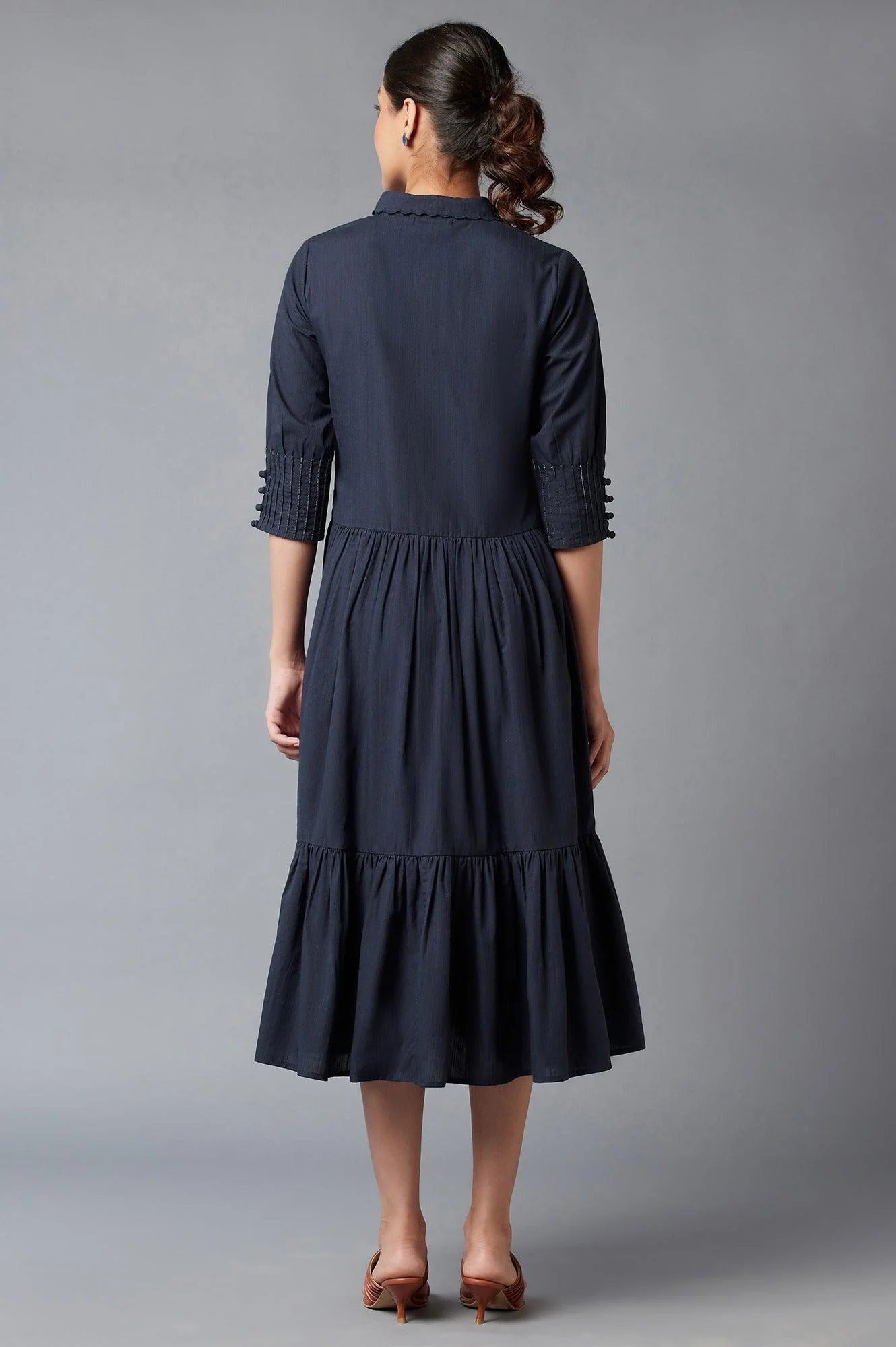 Navy Blue Embroidered Cotton Dress - Image 2