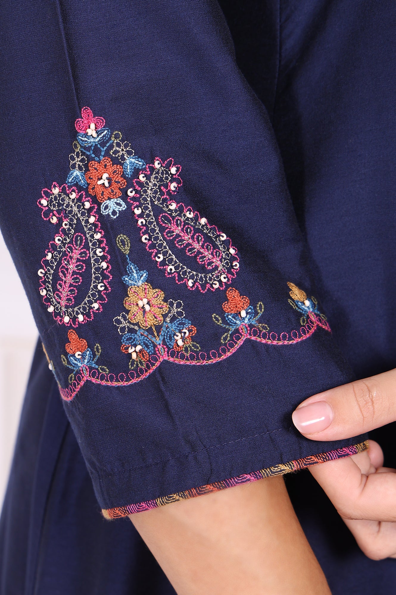 Navy Blue Embroidered Flared Kurta - Image 7