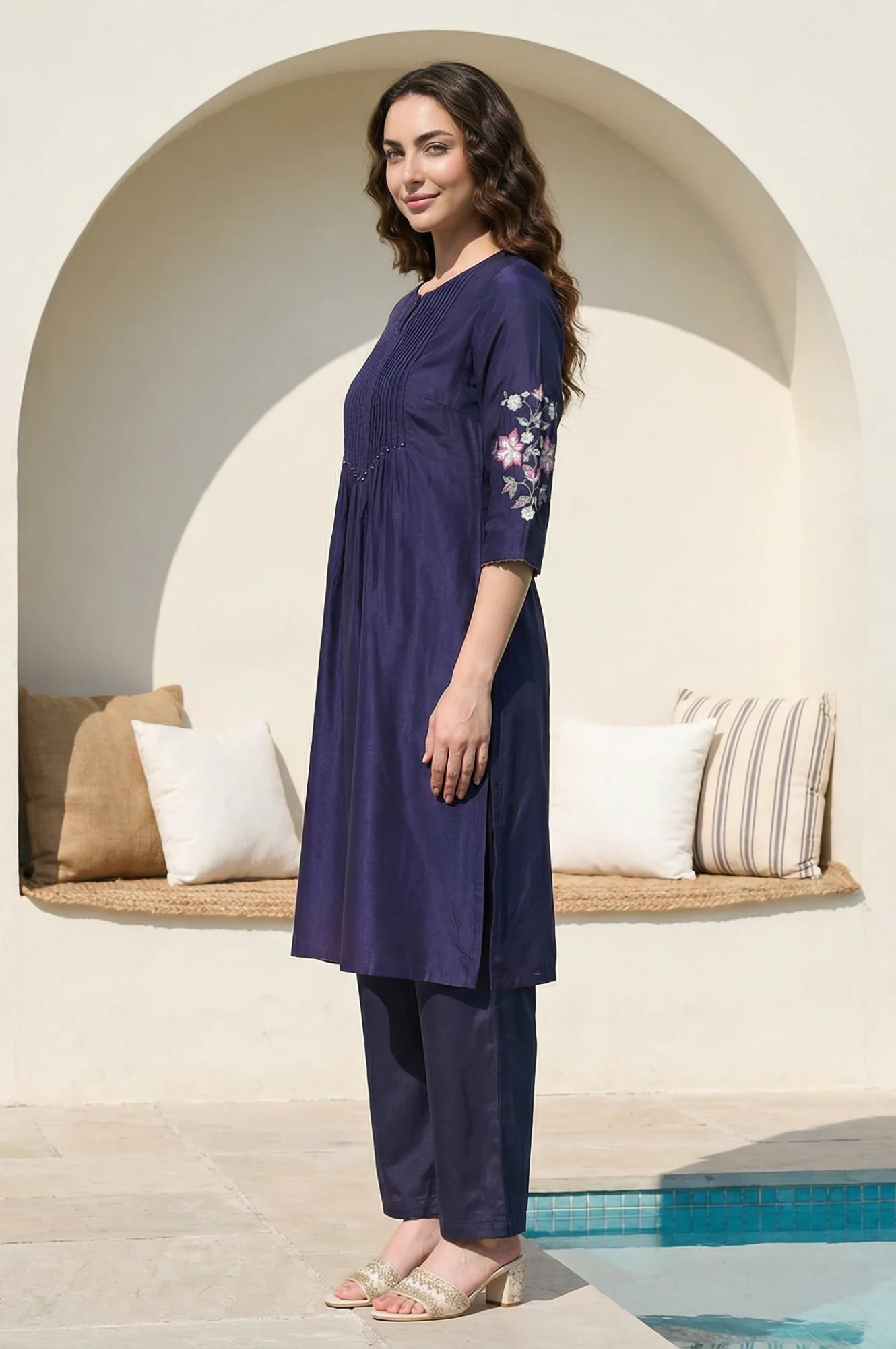 Navy Blue Embroidered Shantung Straight Kurta - Image 3