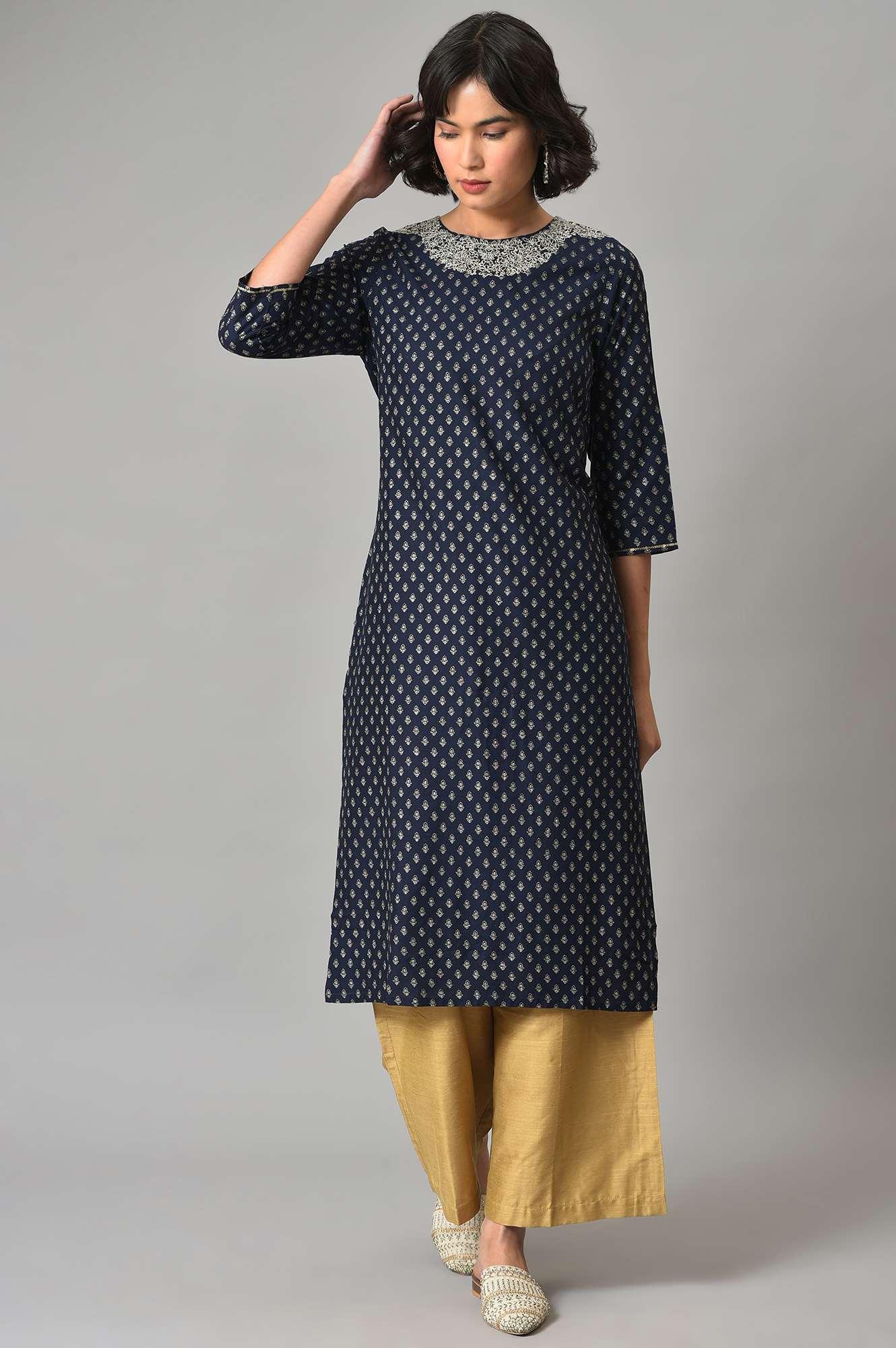 Navy Blue Embroidered kurta With Golden Parallel Pants - Image 8