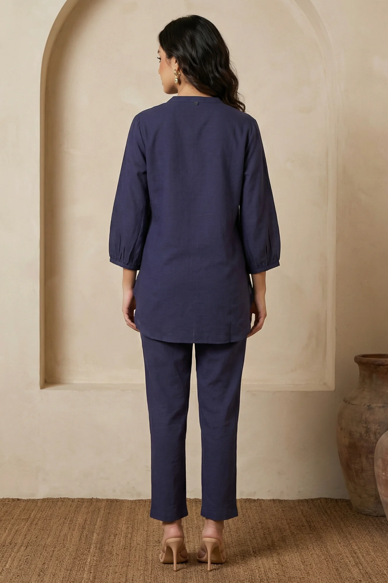 Navy Blue Embroidered Rayon Straight Shirt with Pants Co-ord Set - Image 5