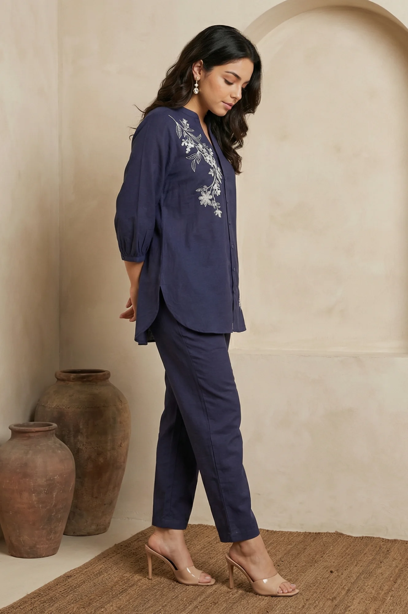 Navy Blue Embroidered Rayon Straight Shirt with Pants Co-ord Set - Image 6
