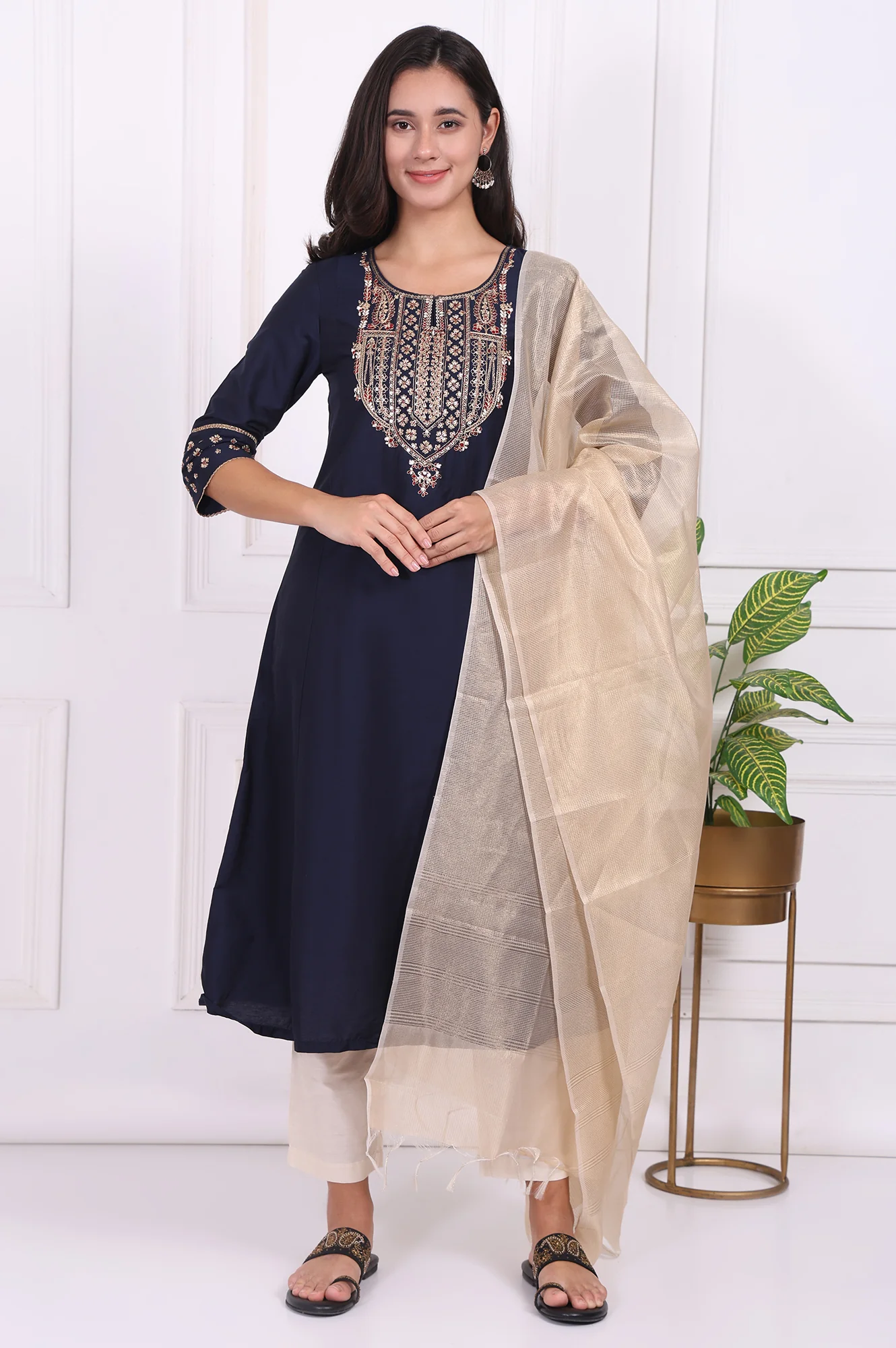 Navy Blue Embroidered Straight Kurta and Pants Set with Dupatta - Image 2