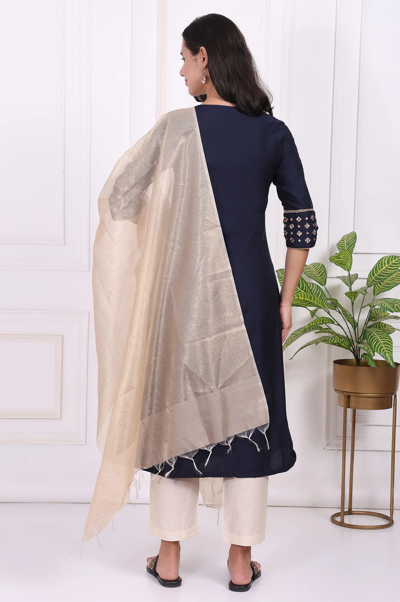 Navy Blue Embroidered Straight Kurta and Pants Set with Dupatta - Image 5