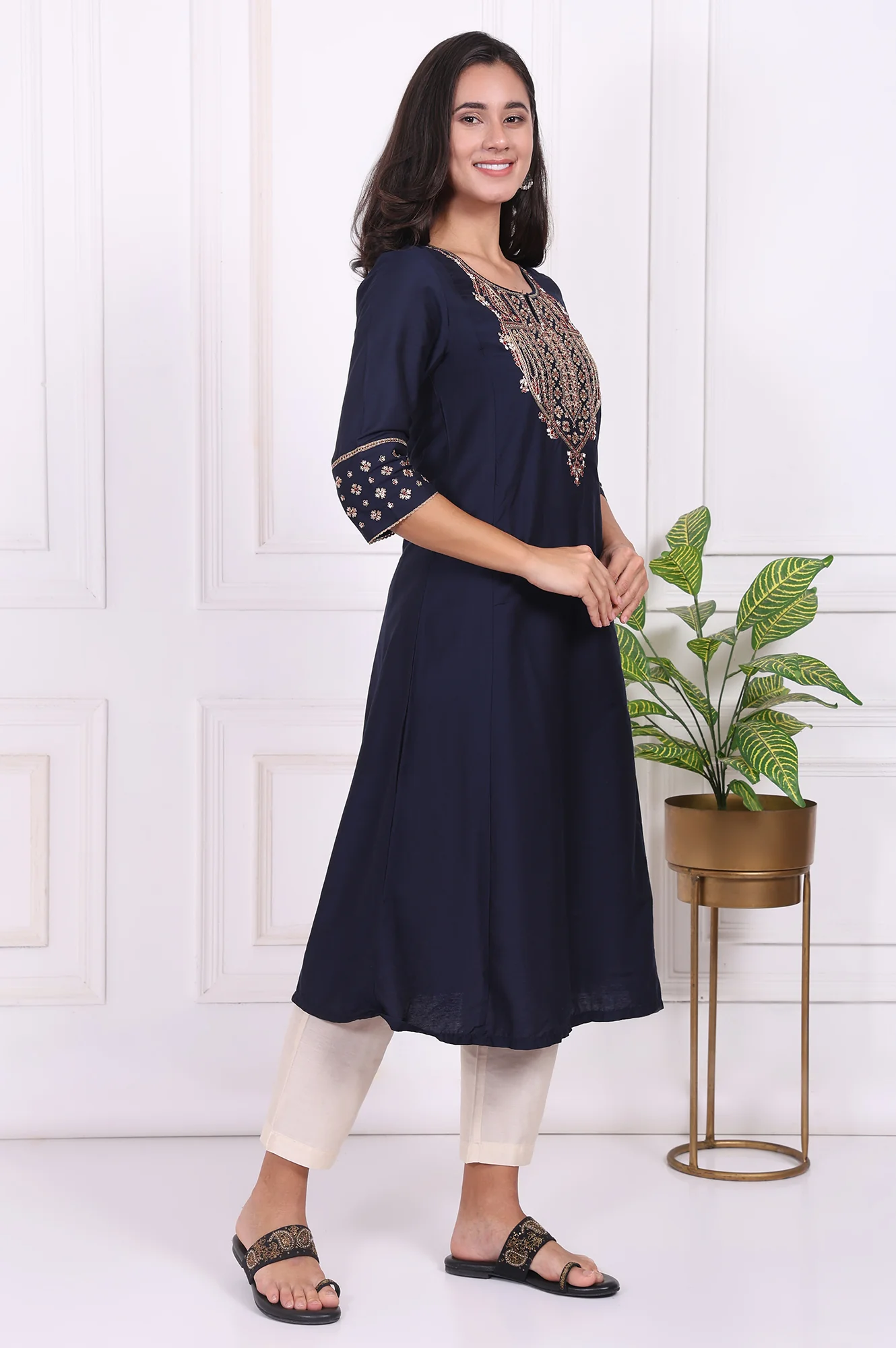Navy Blue Embroidered Straight Kurta and Pants Set with Dupatta - Image 6