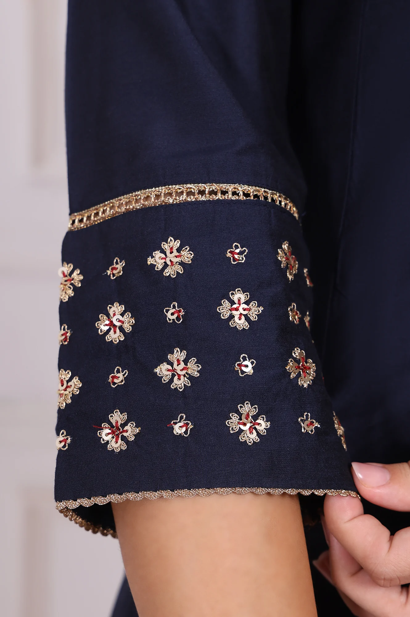 Navy Blue Embroidered Straight Kurta and Pants Set with Dupatta - Image 7