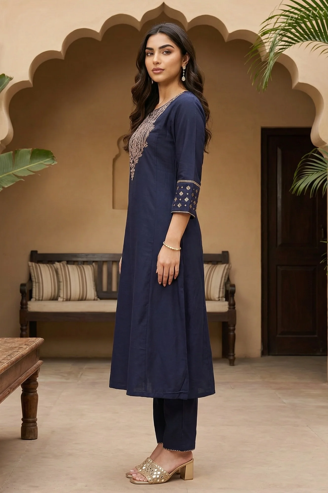 Navy Blue Embroidered Straight Kurta - Image 6