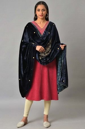 Navy Blue Embroidered Velvet Shawl - Image 2