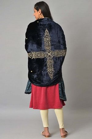 Navy Blue Embroidered Velvet Shawl - Image 3