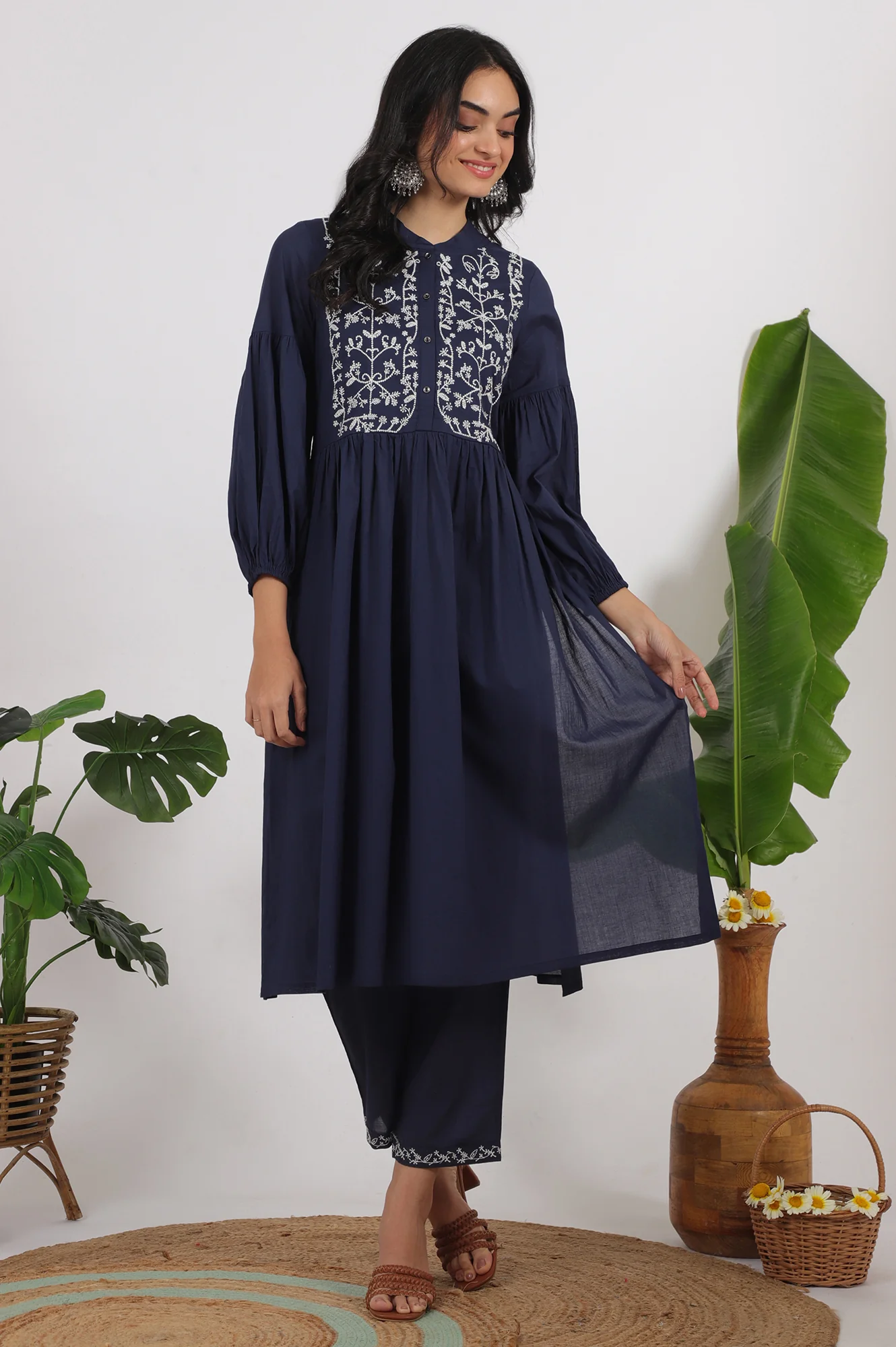 Navy Blue Embroidered Yoke Pure Cotton Kurta and Pants Co-ord Set - Image 2