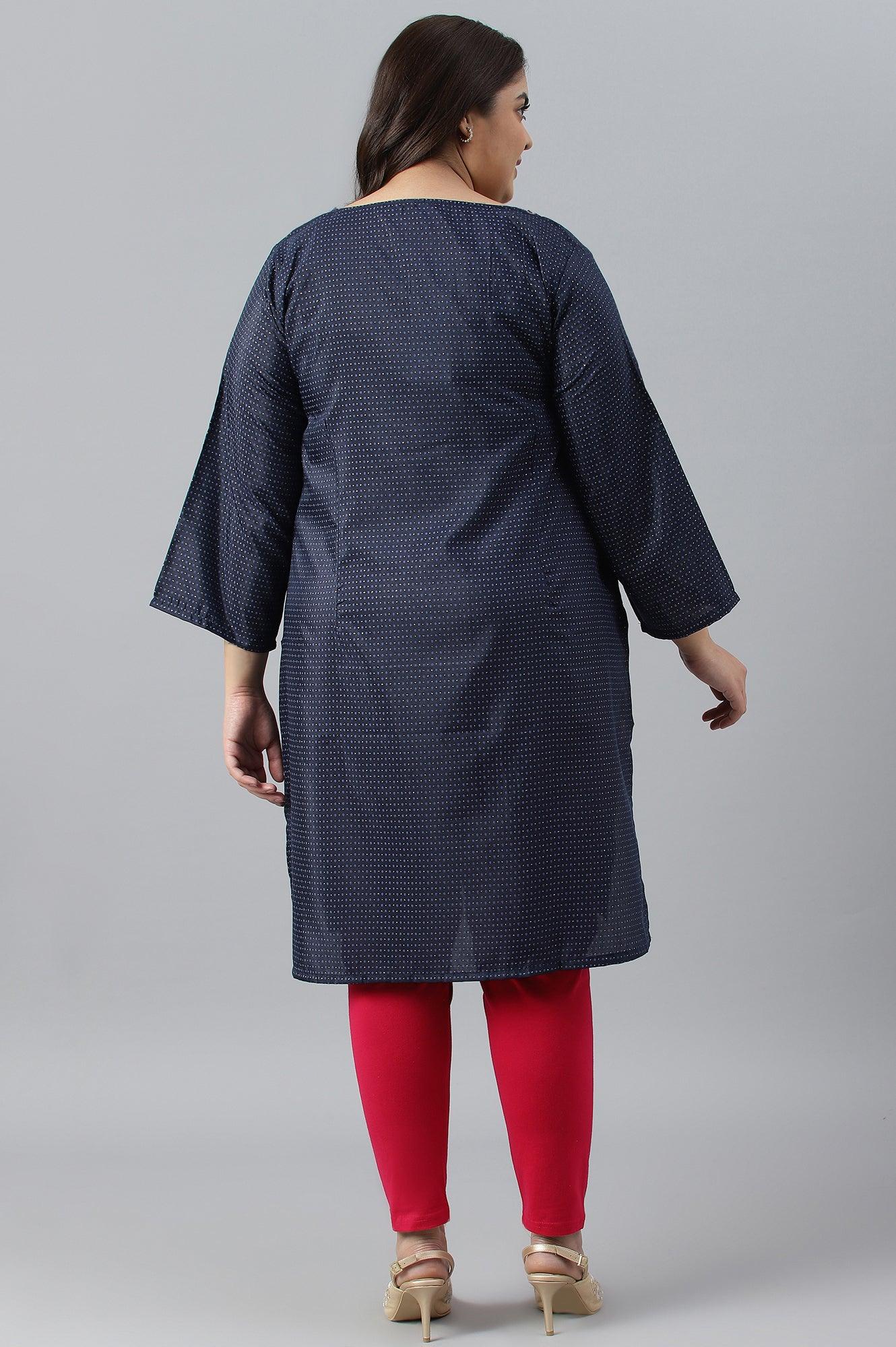 Navy Blue Festive Plus Size kurta With Embroidered Neck - Image 2