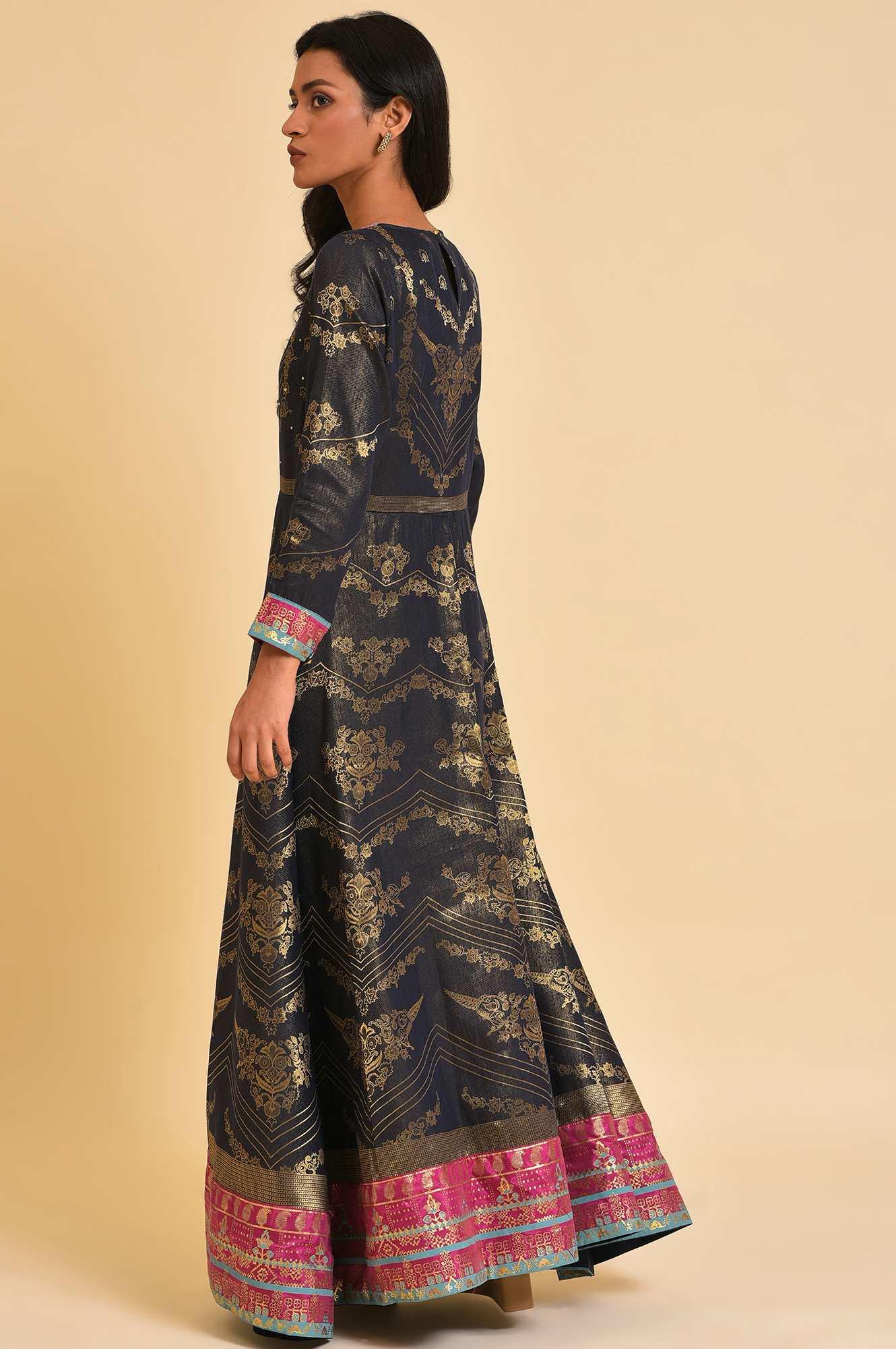 Navy Blue Flared Festive Dress - Image 2