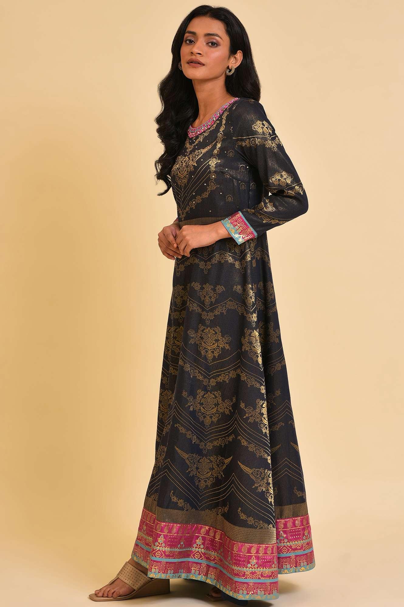 Navy Blue Flared Festive Dress - Image 3