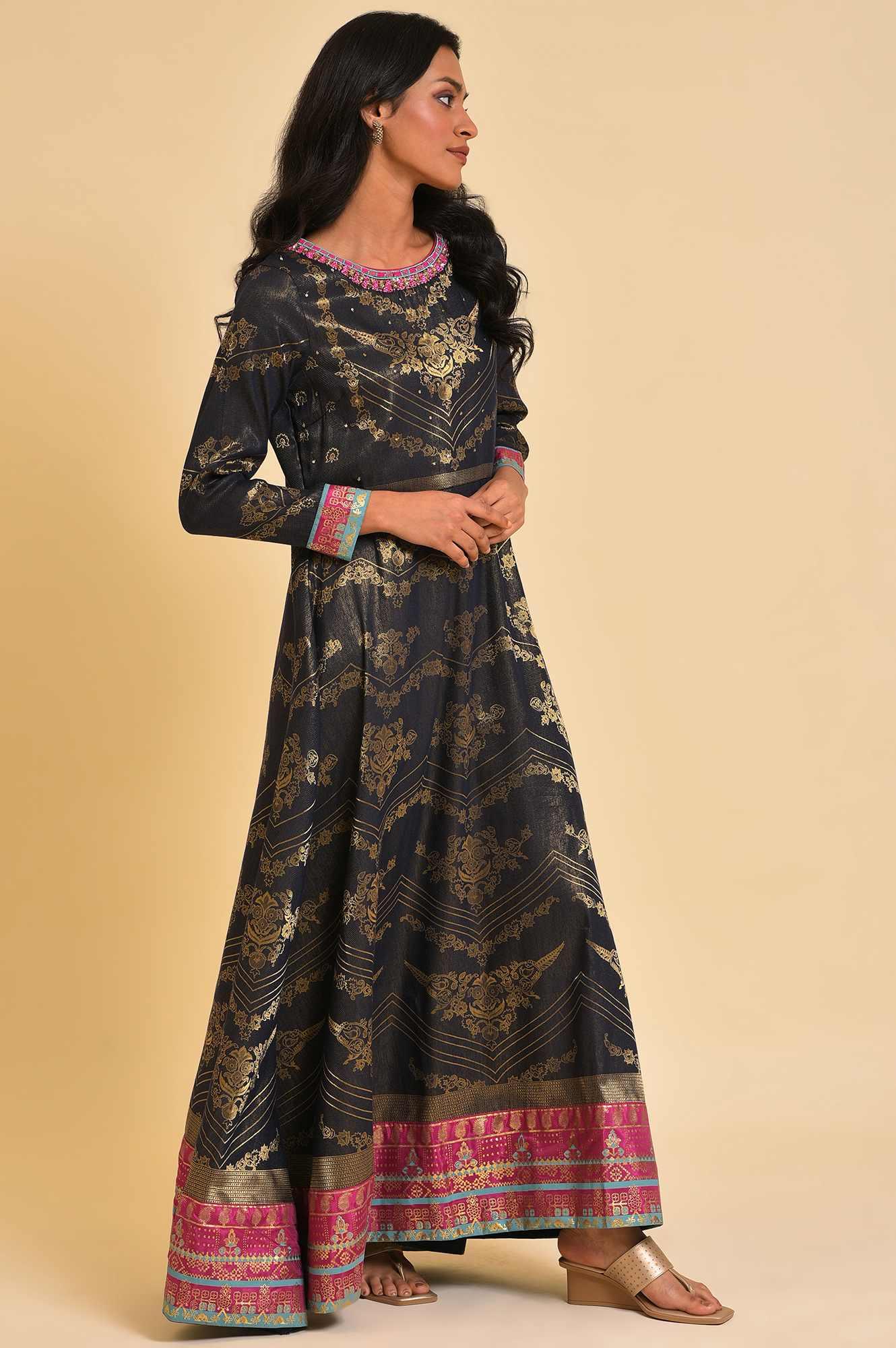 Navy Blue Flared Festive Dress - Image 4