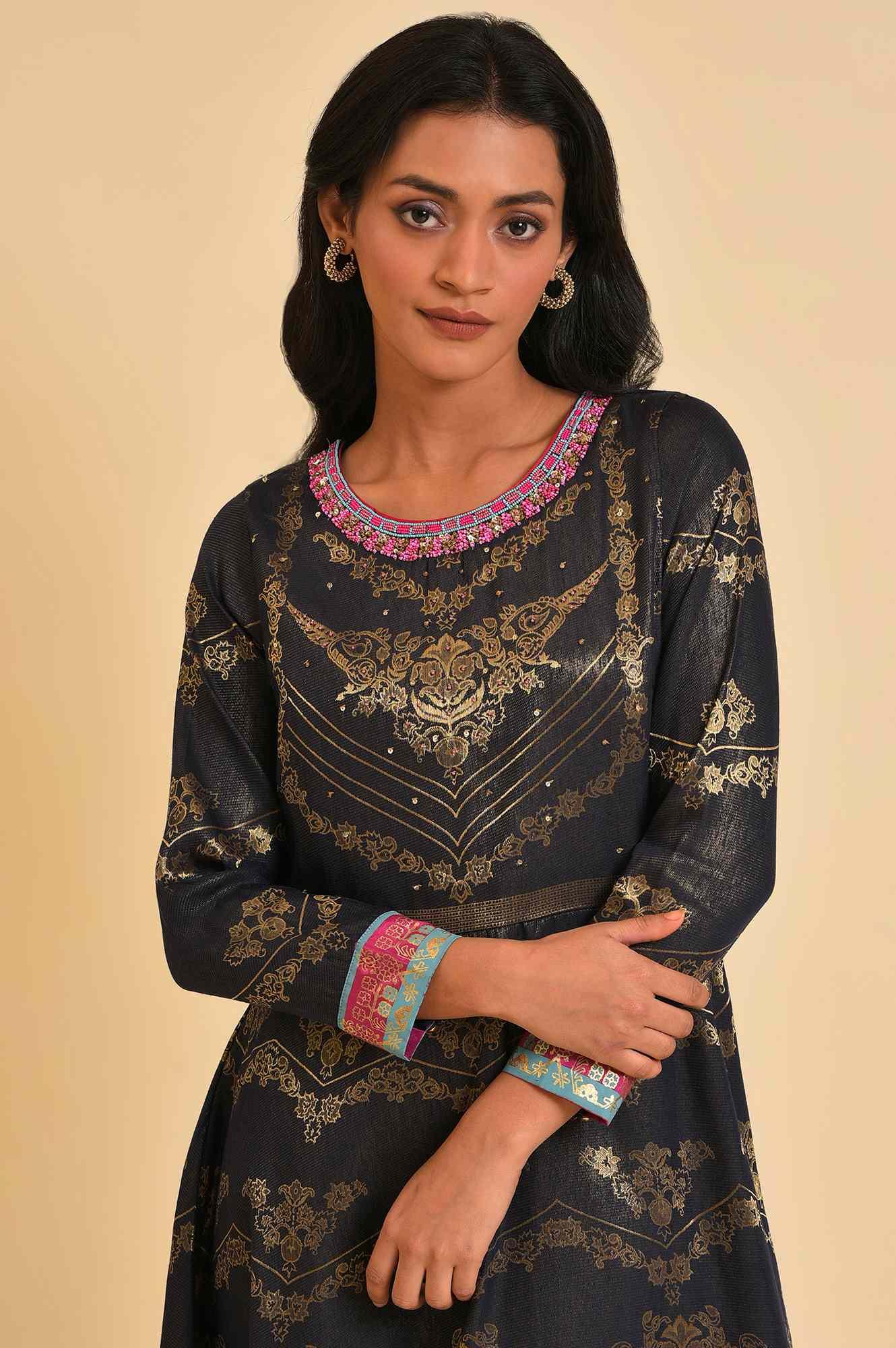 Navy Blue Flared Festive Dress - Image 5
