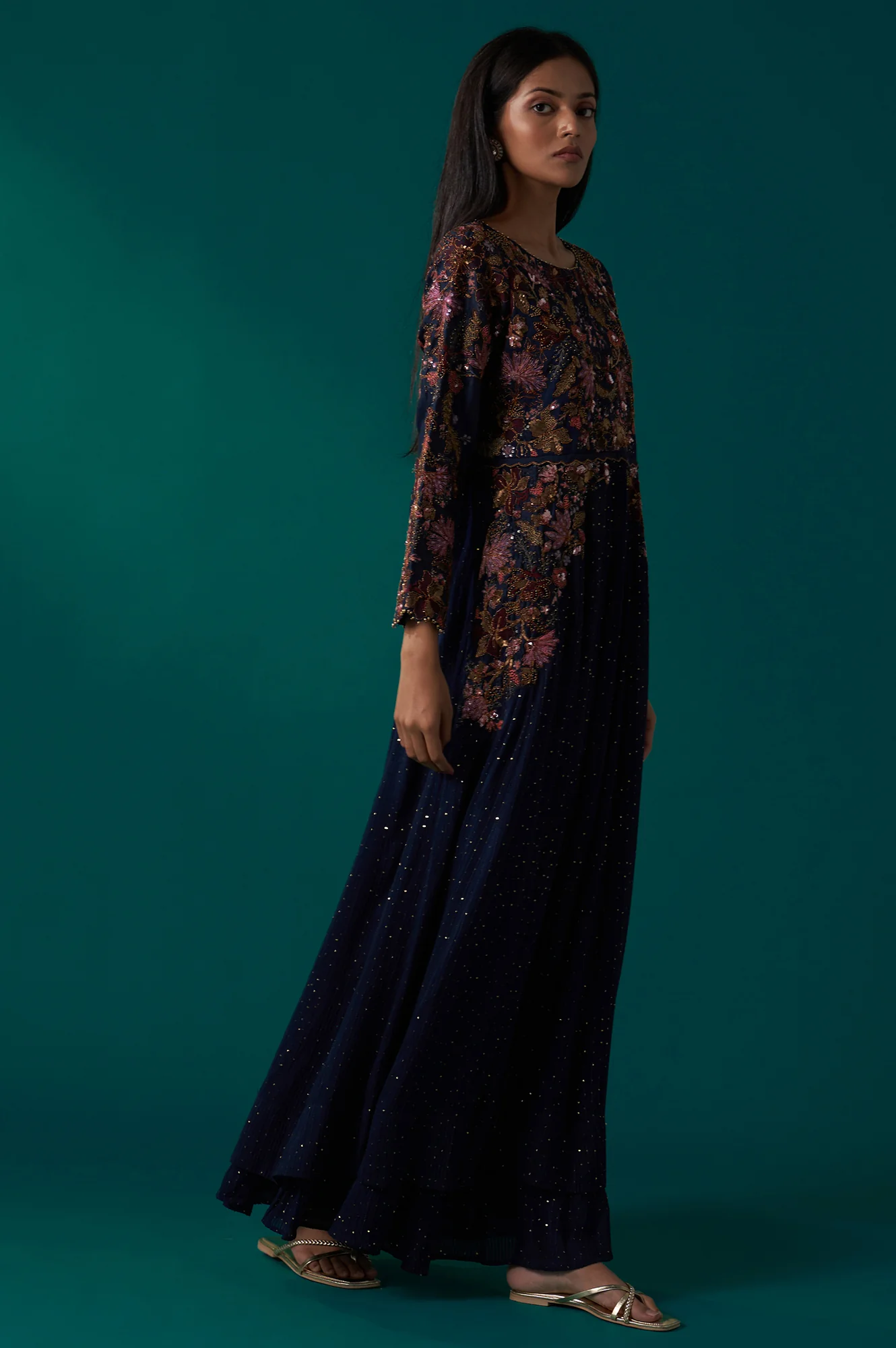 Navy Blue Heavy Embroidered Flared Georgette Kurta with Culottes Set - Image 6