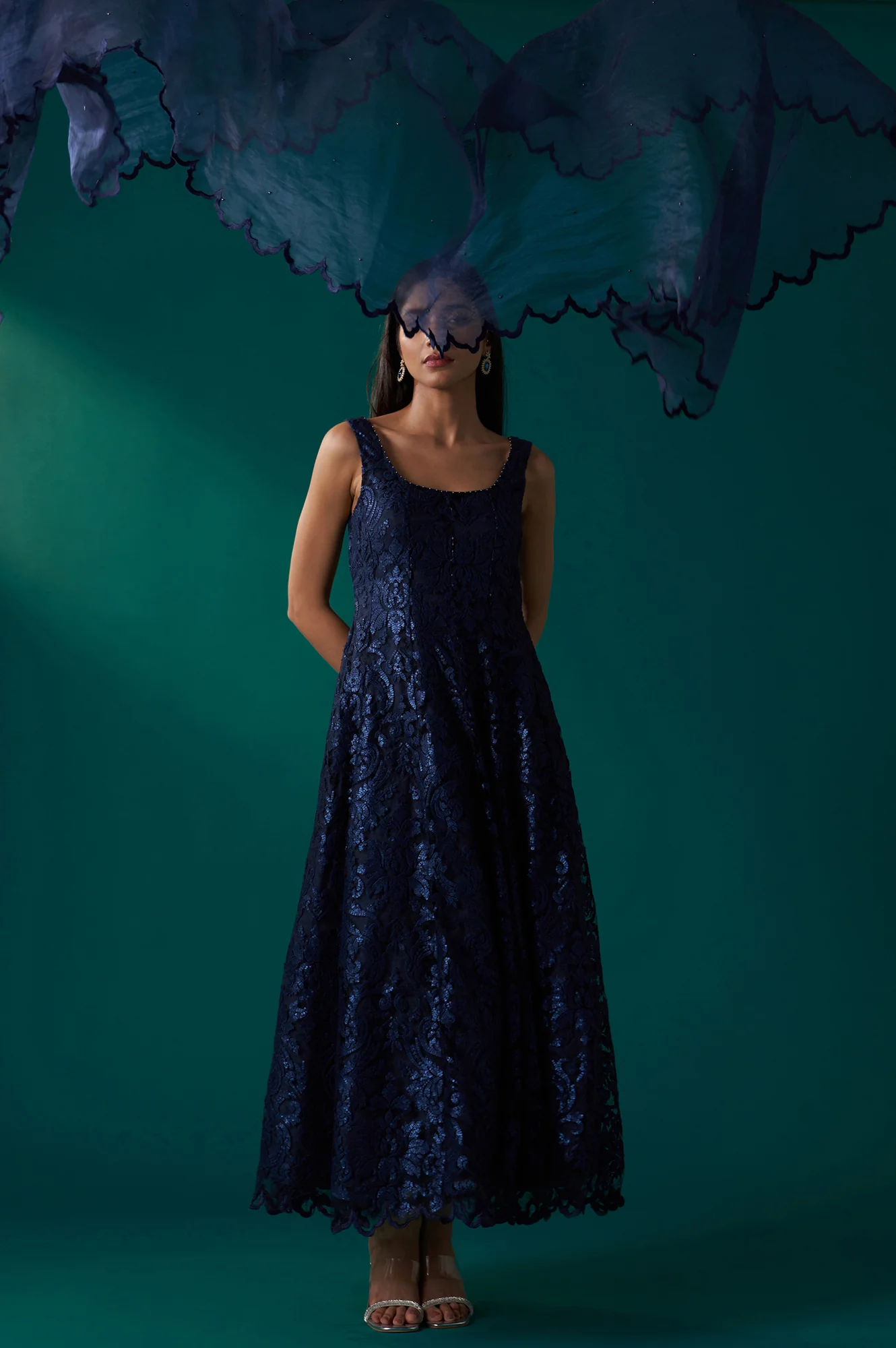 Navy Blue Sequin Embroidered Anarkali Dress and Scalloped Organza Dupatta Set - Image 2