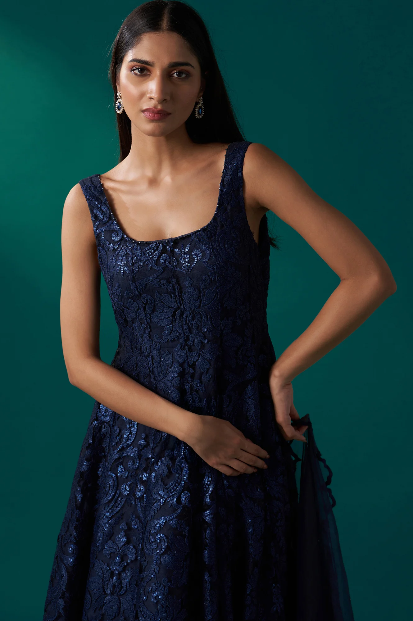 Navy Blue Sequin Embroidered Anarkali Dress and Scalloped Organza Dupatta Set - Image 3