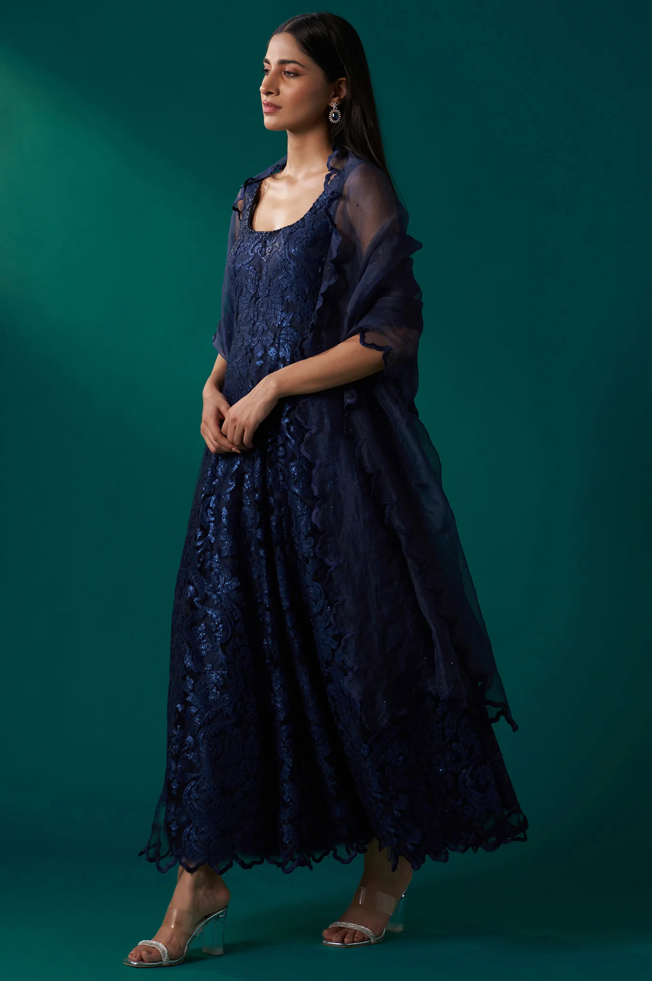 Navy Blue Sequin Embroidered Anarkali Dress and Scalloped Organza Dupatta Set - Image 4