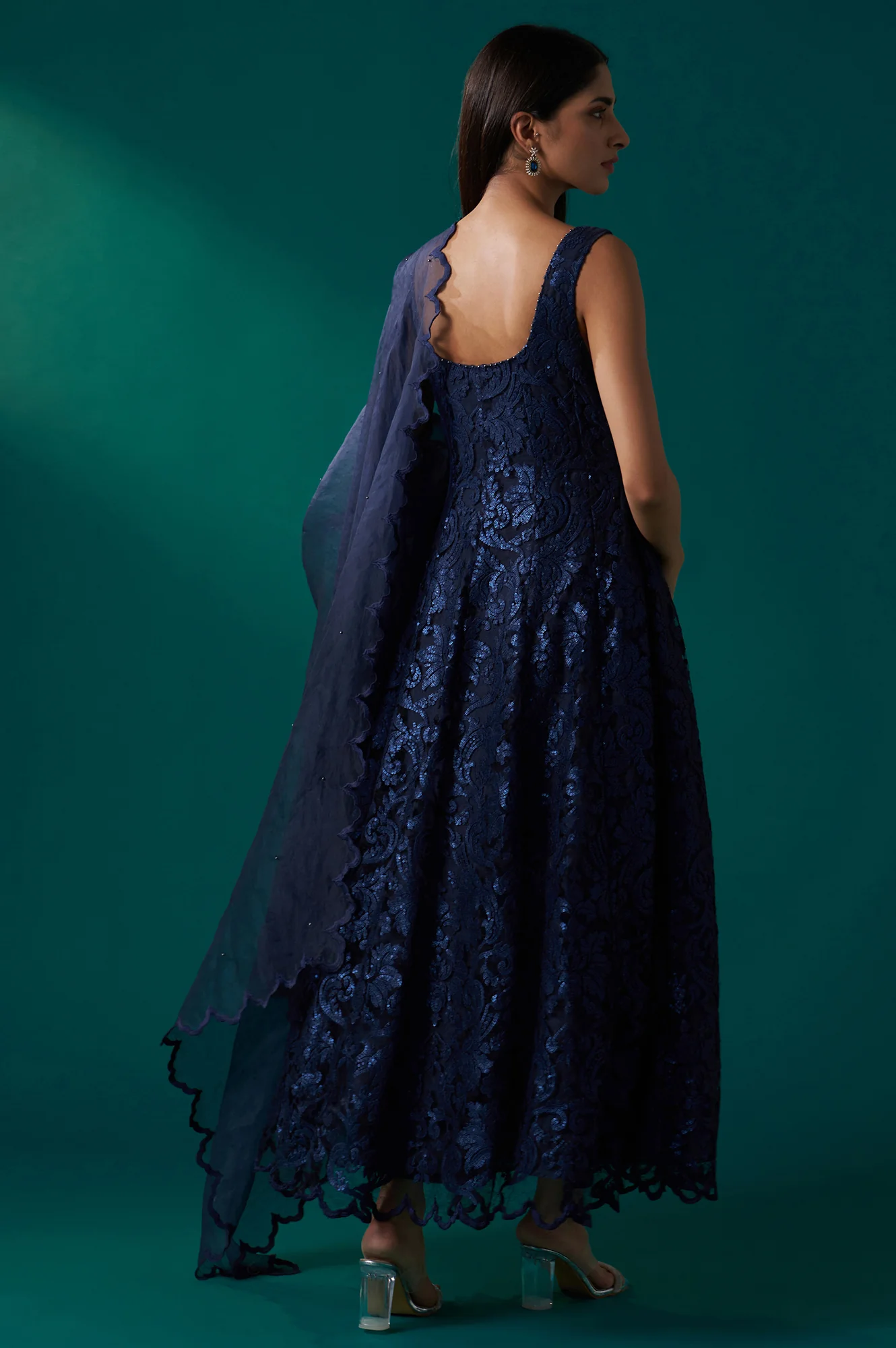 Navy Blue Sequin Embroidered Anarkali Dress and Scalloped Organza Dupatta Set - Image 5