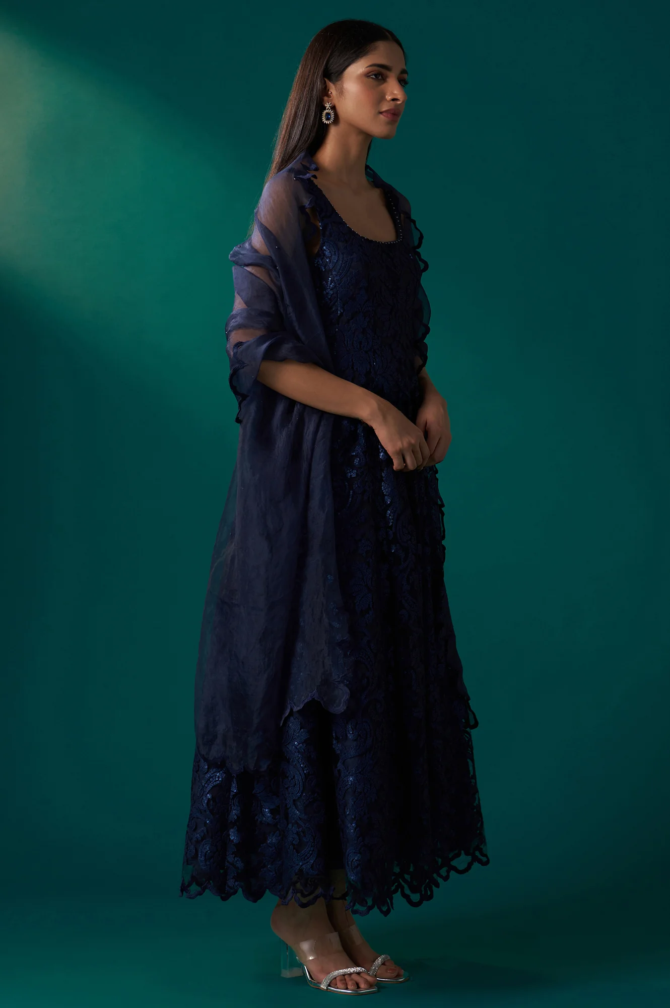 Navy Blue Sequin Embroidered Anarkali Dress and Scalloped Organza Dupatta Set - Image 6