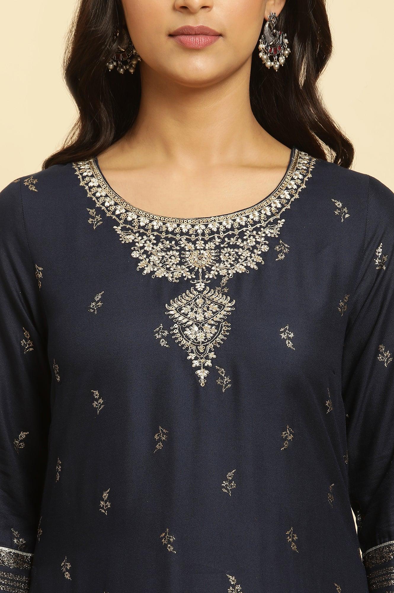 Navy Blue Floral Glitter Printed Kurta - Image 6