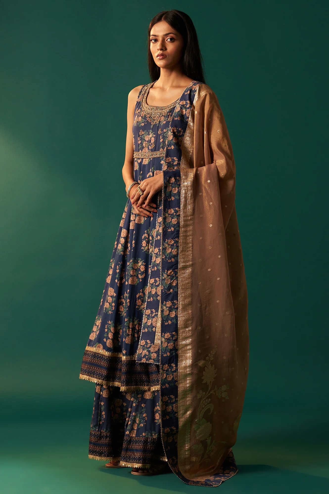 Navy Blue Floral Printed Beaded Anarkali Modal Satin Kurta with Culottes and Dupatta Set - Image 3
