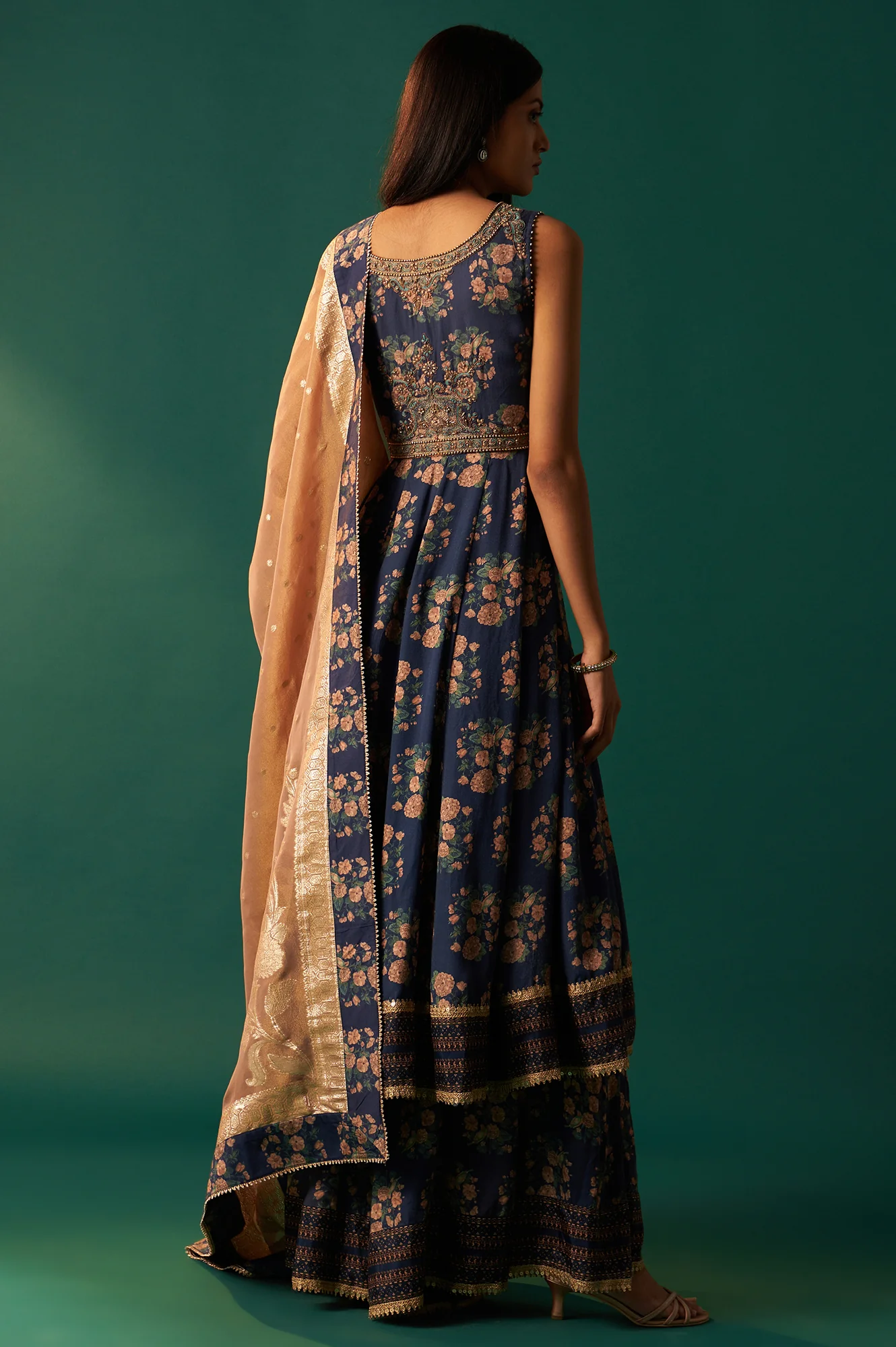 Navy Blue Floral Printed Beaded Anarkali Modal Satin Kurta with Culottes and Dupatta Set - Image 4