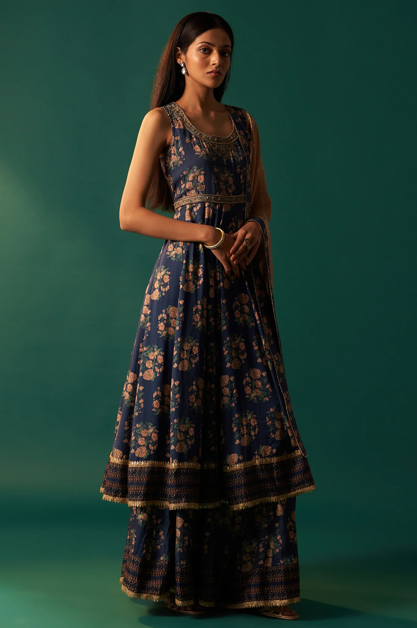 Navy Blue Floral Printed Beaded Anarkali Modal Satin Kurta with Culottes and Dupatta Set - Image 5
