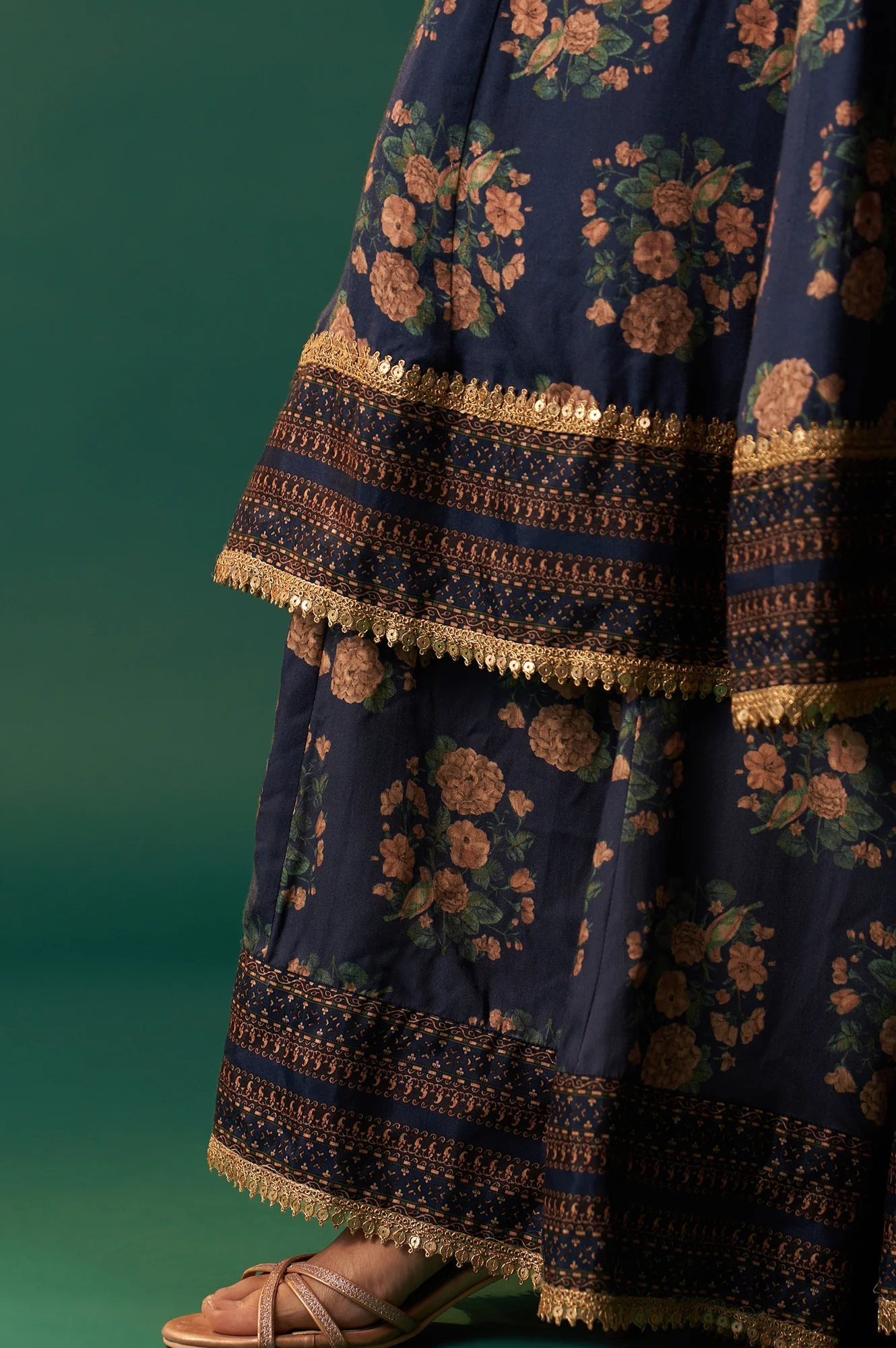 Navy Blue Floral Printed Beaded Anarkali Modal Satin Kurta with Culottes and Dupatta Set - Image 6