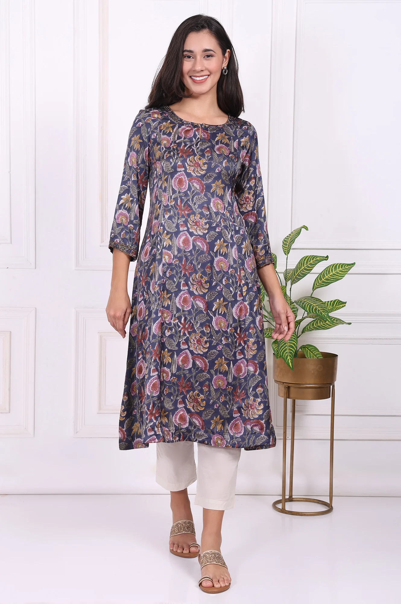 Navy Blue Floral Printed Beadwork Modal Satin A-line Kurta