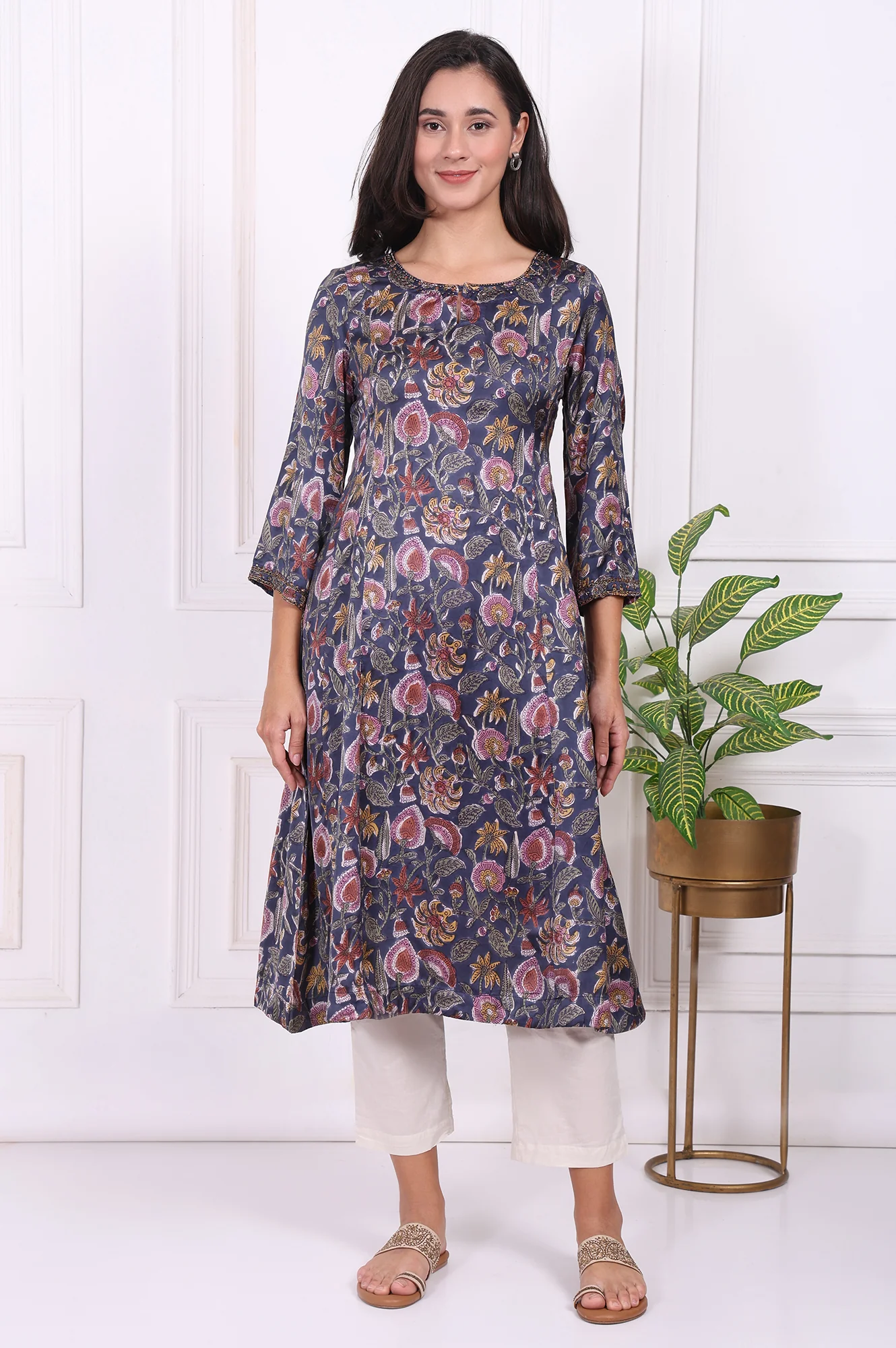 Navy Blue Floral Printed Beadwork Modal Satin A-line Kurta - Image 2