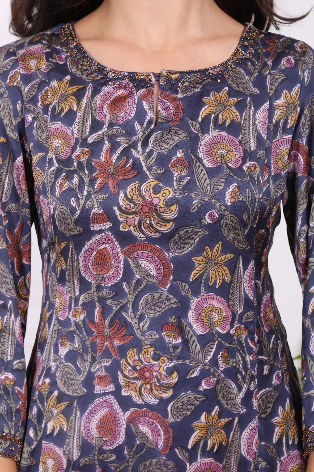 Navy Blue Floral Printed Beadwork Modal Satin A-line Kurta - Image 3