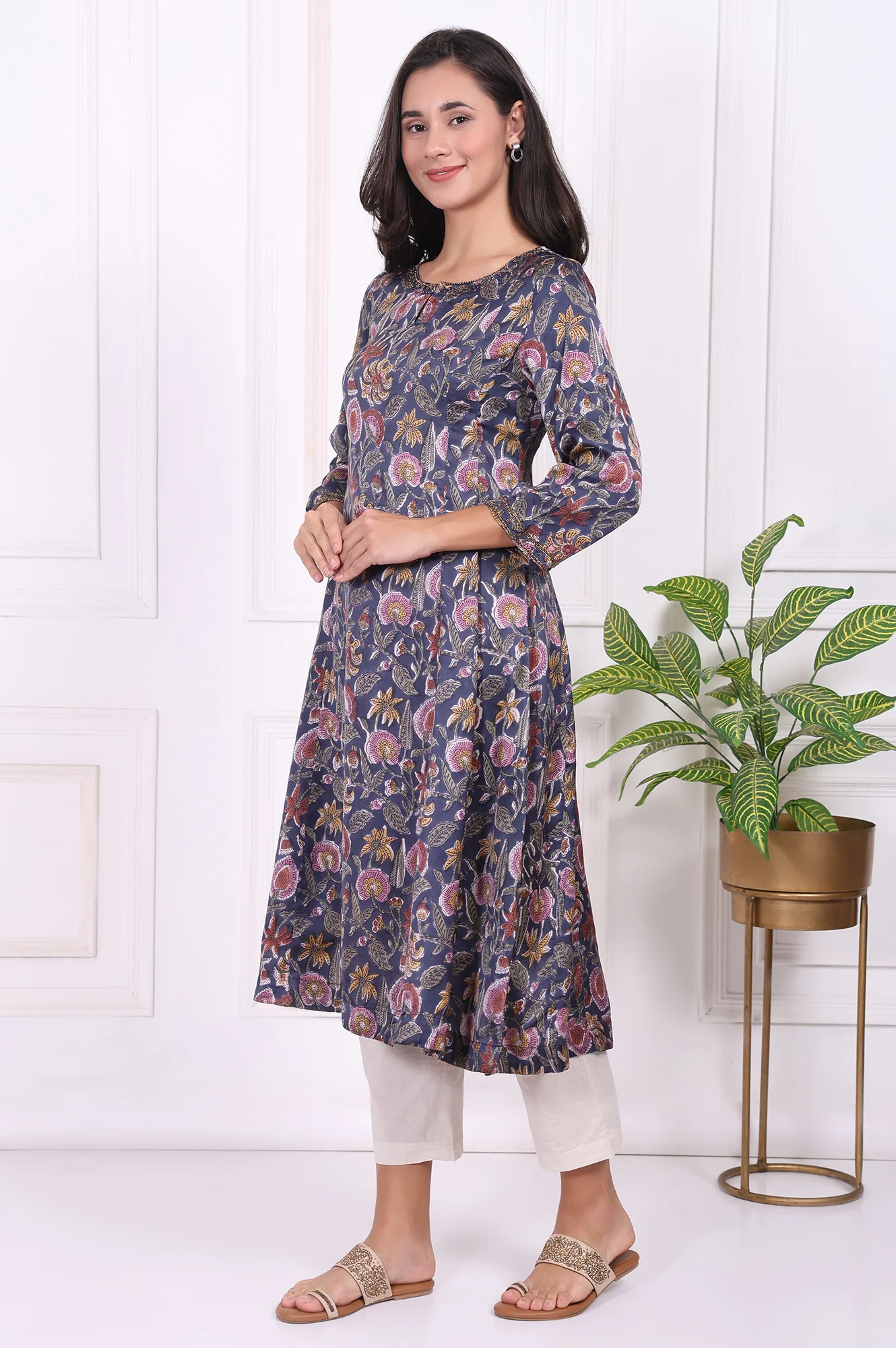 Navy Blue Floral Printed Beadwork Modal Satin A-line Kurta - Image 4