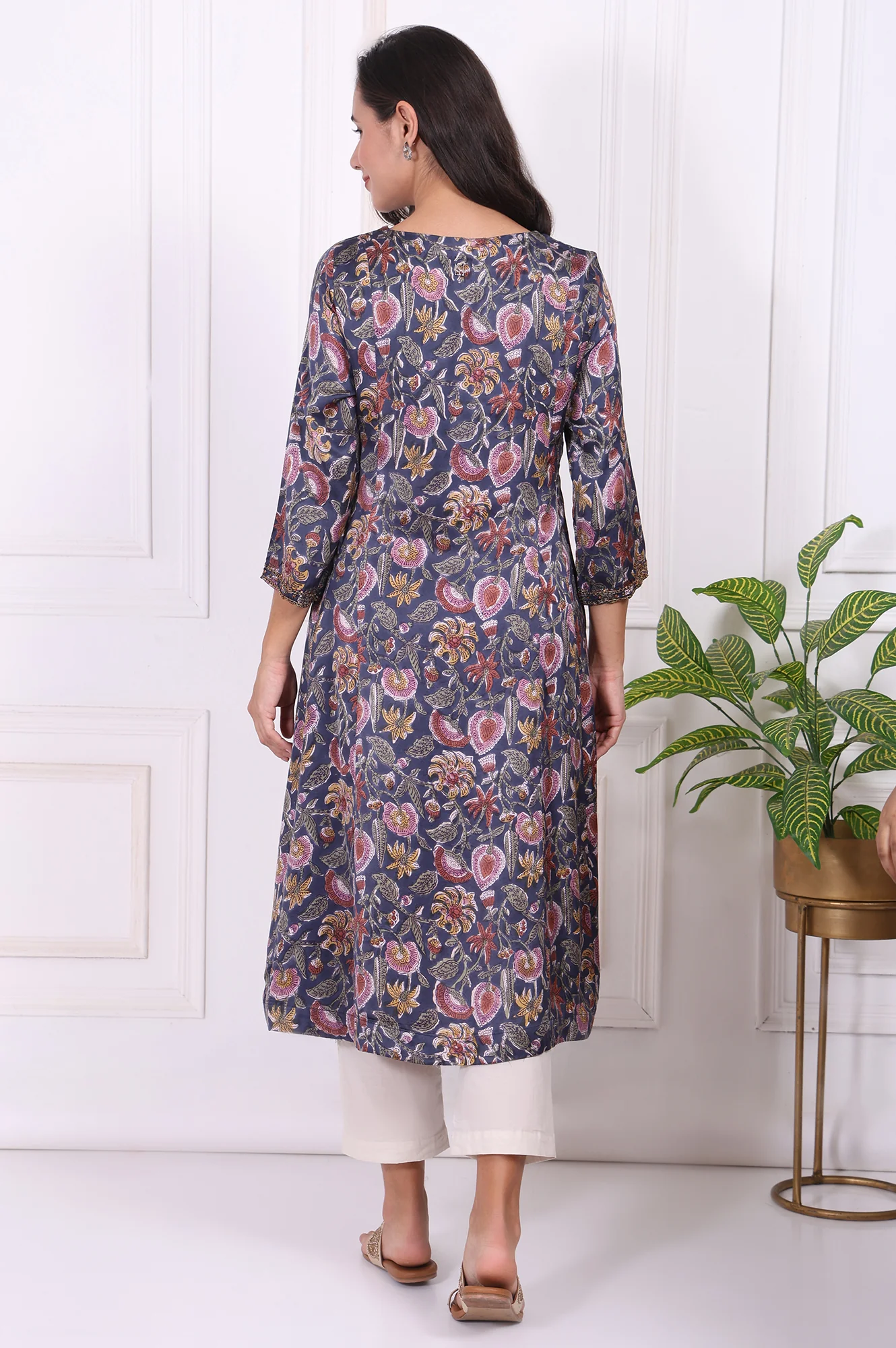 Navy Blue Floral Printed Beadwork Modal Satin A-line Kurta - Image 5