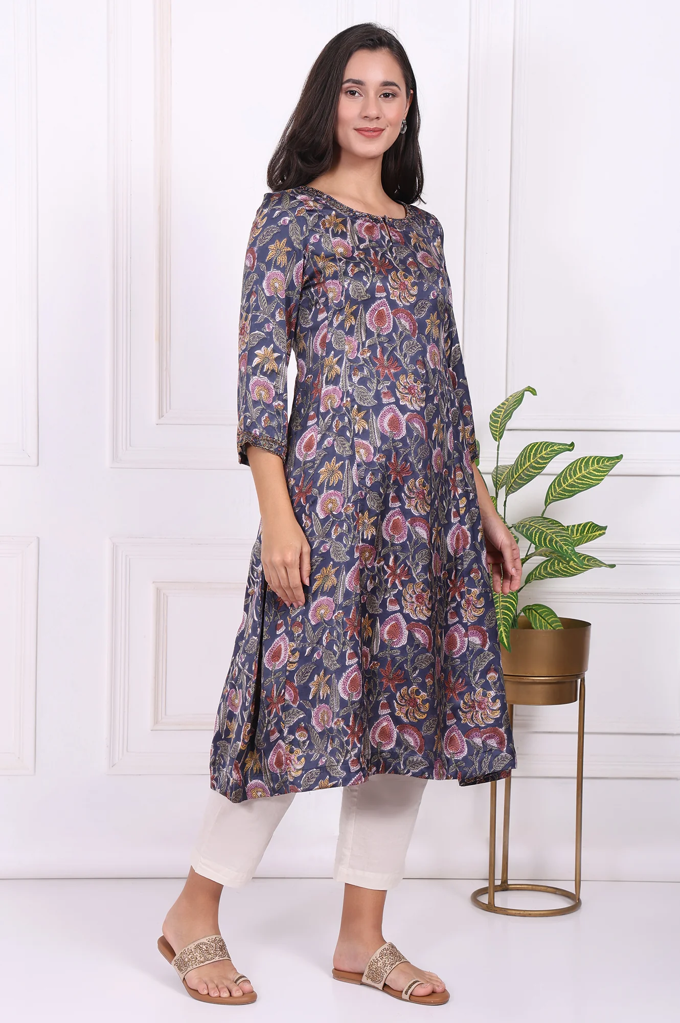 Navy Blue Floral Printed Beadwork Modal Satin A-line Kurta - Image 6