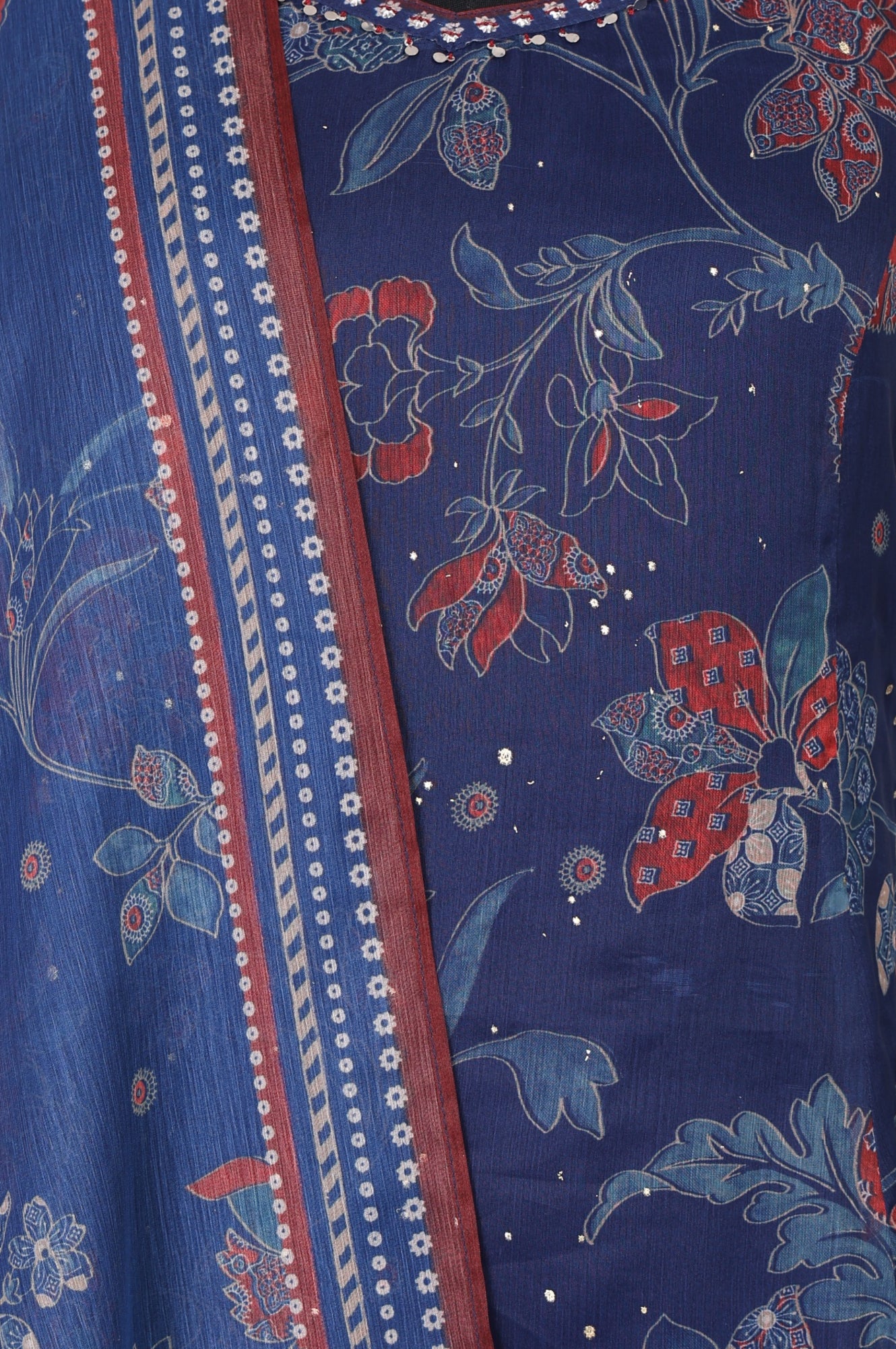 Navy Blue Floral Printed Chiffon Noodle Straps Straight Kurta with Sharara and Dupatta Set - Image 2
