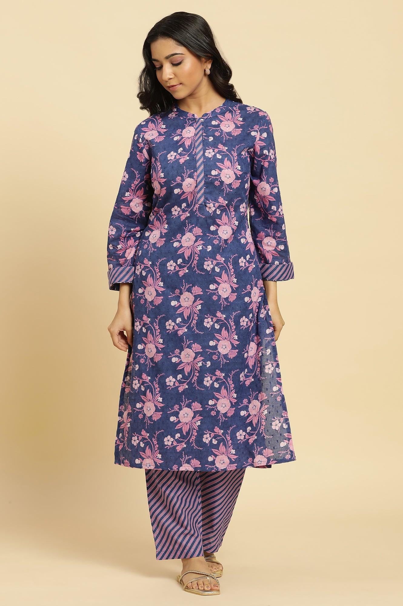 Navy Blue Floral Printed Kurta And Stripe Pants Set - Image 2