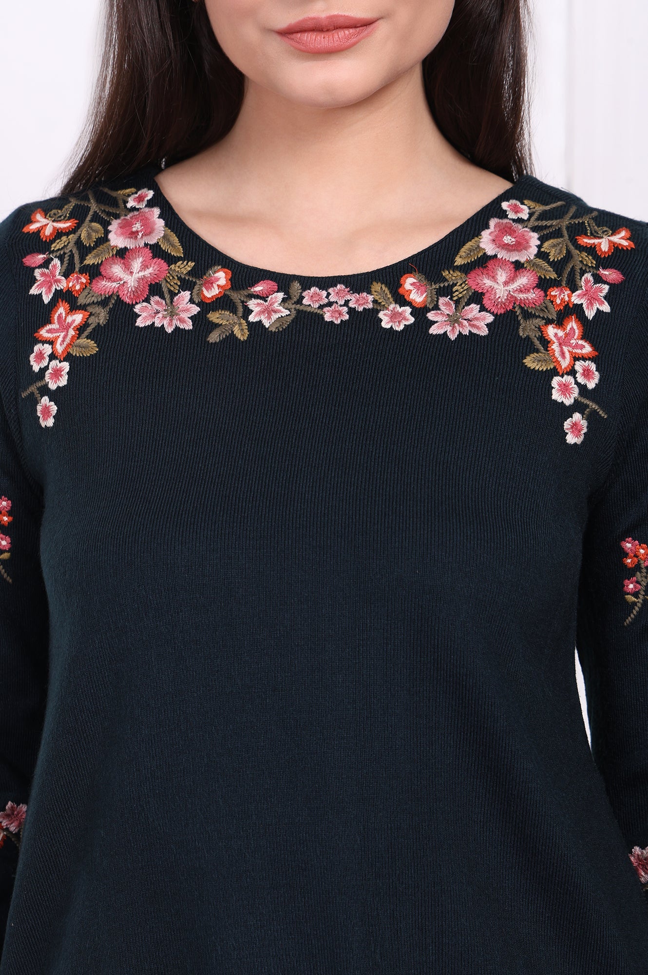 Navy Blue Floral Printed Embroidered Acrylic Straight Tunic - Image 3