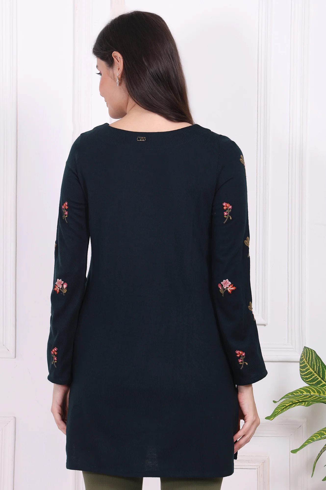 Navy Blue Floral Printed Embroidered Acrylic Straight Tunic - Image 5