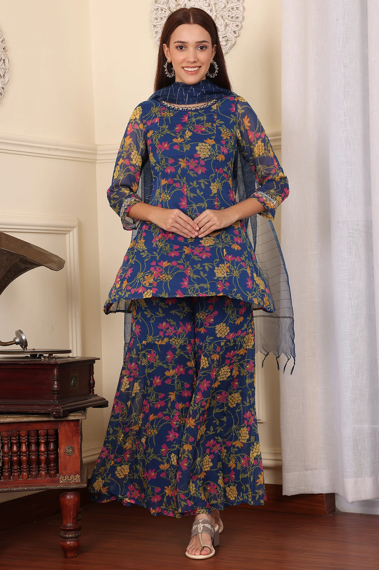 Navy Blue Floral Printed Embroidered Flared Short Kurta And Sharara Set With Dupatta - Image 2