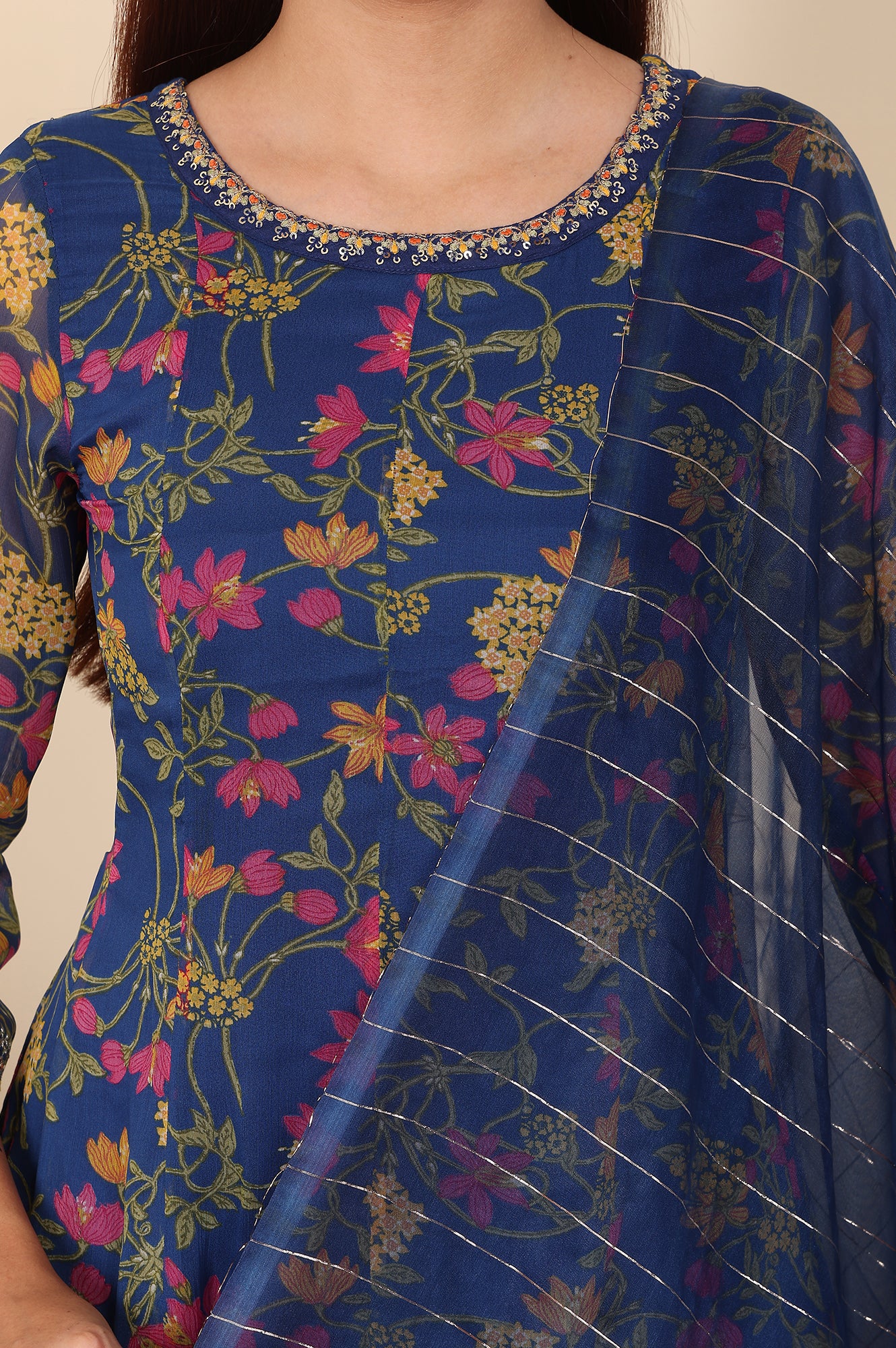 Navy Blue Floral Printed Embroidered Flared Short Kurta And Sharara Set With Dupatta - Image 3